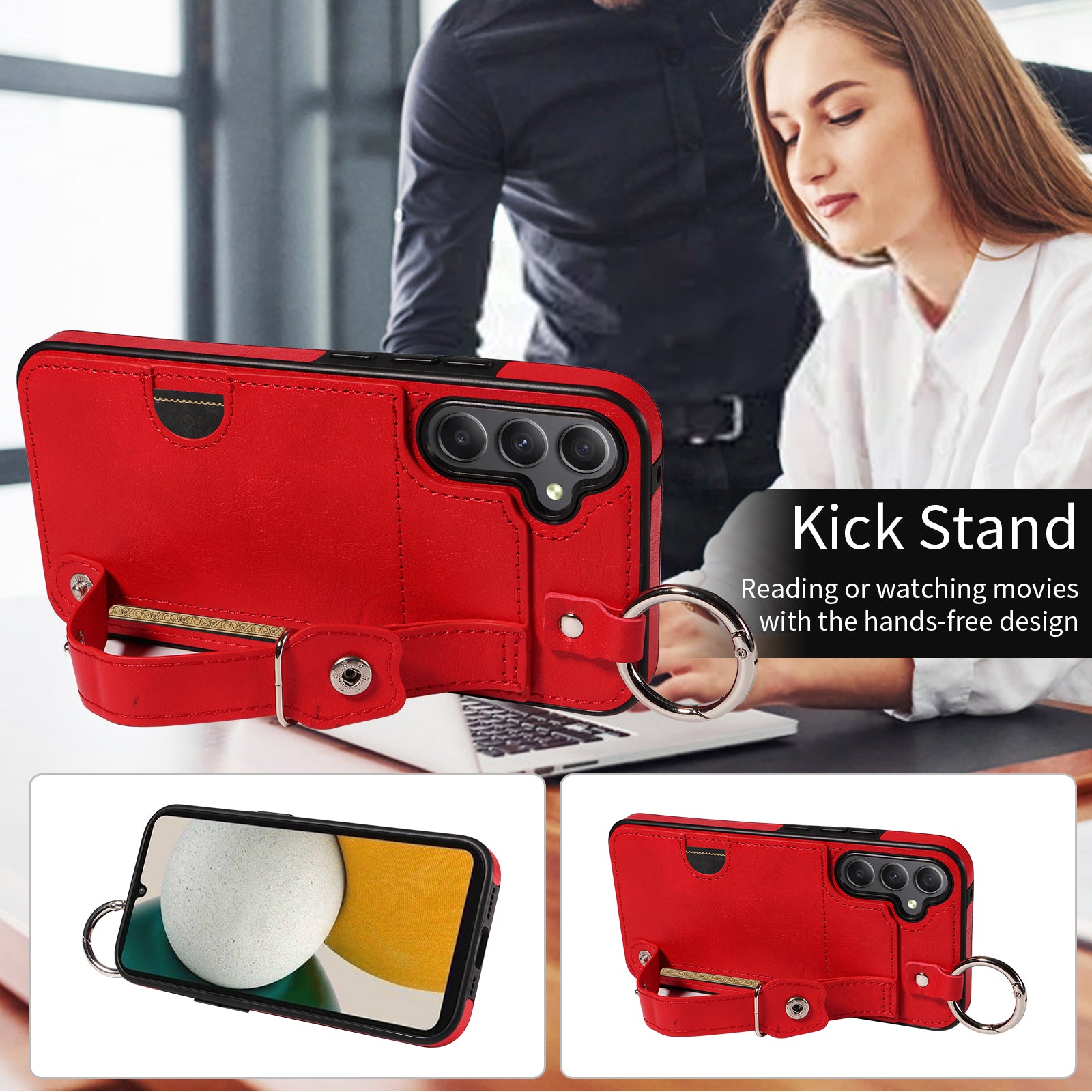 008 For Samsung Galaxy A34 5G Case Calf Texture Leather+TPU Kickstand Phone Cover - Red