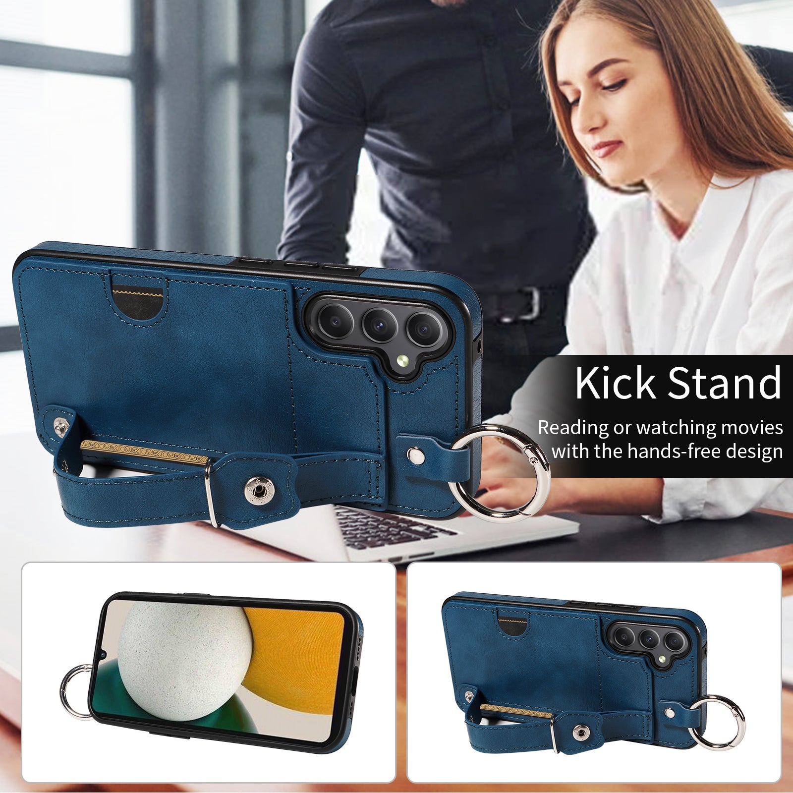 008 For Samsung Galaxy A34 5G Case Calf Texture Leather+TPU Kickstand Phone Cover - Blue