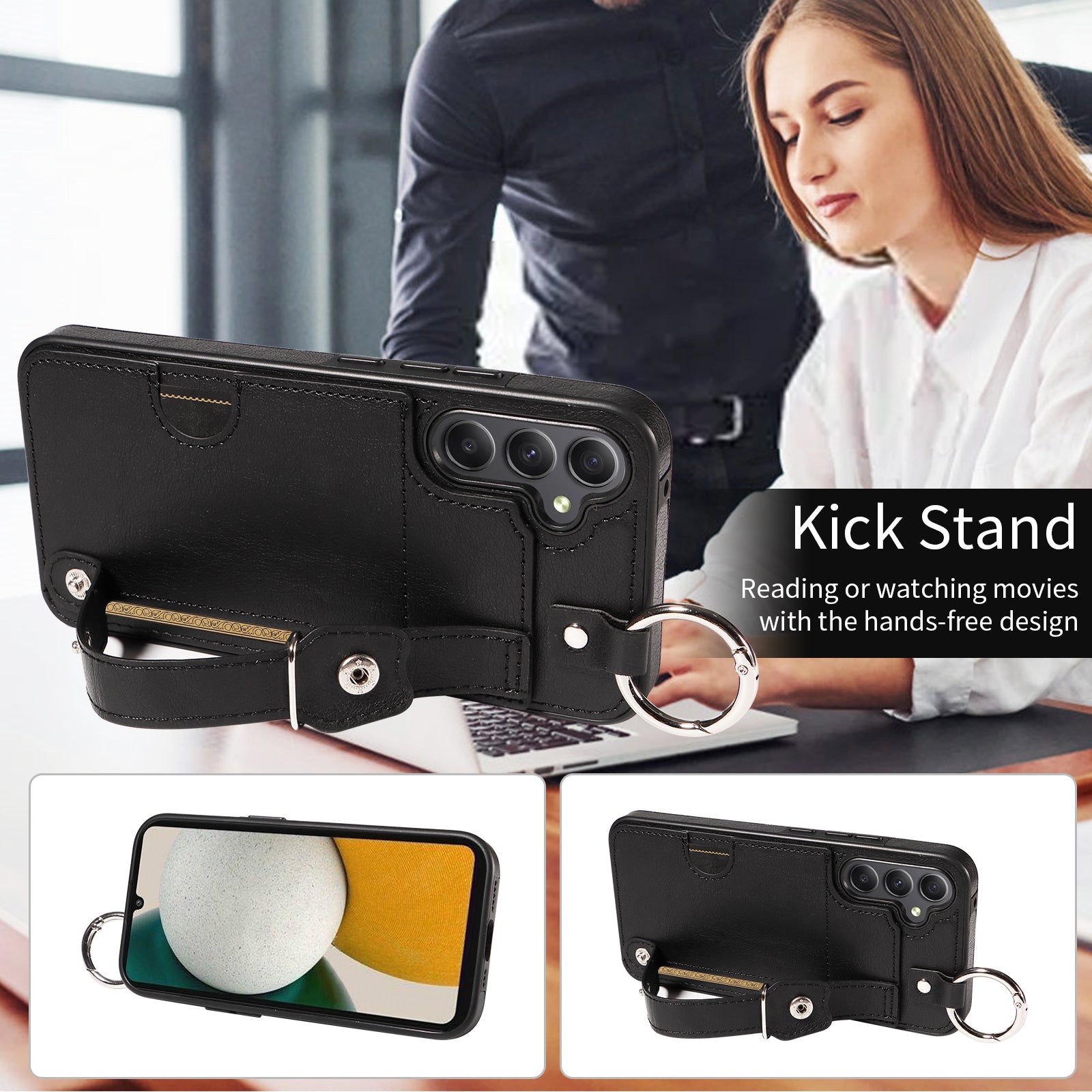 008 For Samsung Galaxy A34 5G Case Calf Texture Leather+TPU Kickstand Phone Cover - Black