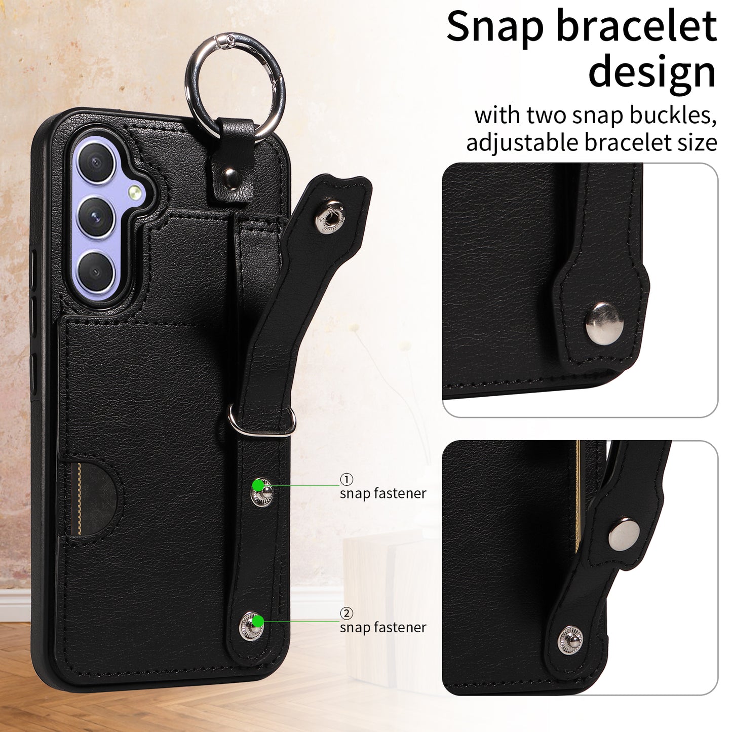 008 For Samsung Galaxy A54 5G Phone Case with Wrist Strap Kickstand Leather+TPU Shell - Black