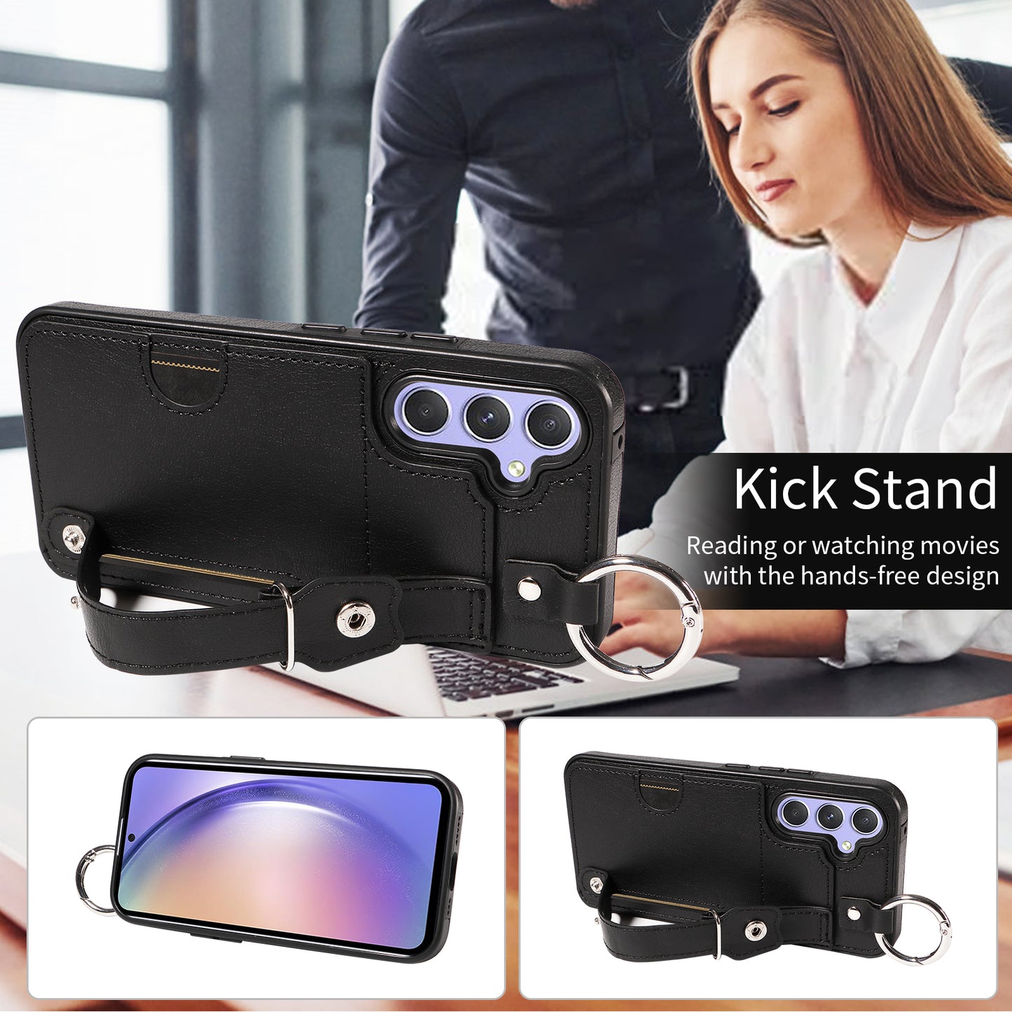 008 For Samsung Galaxy A54 5G Phone Case with Wrist Strap Kickstand Leather+TPU Shell - Black