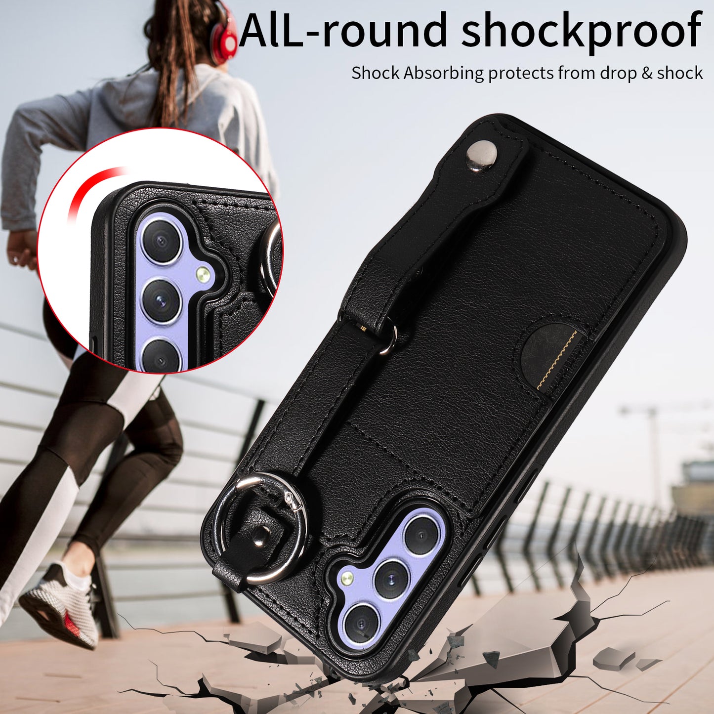 008 For Samsung Galaxy A54 5G Phone Case with Wrist Strap Kickstand Leather+TPU Shell - Black