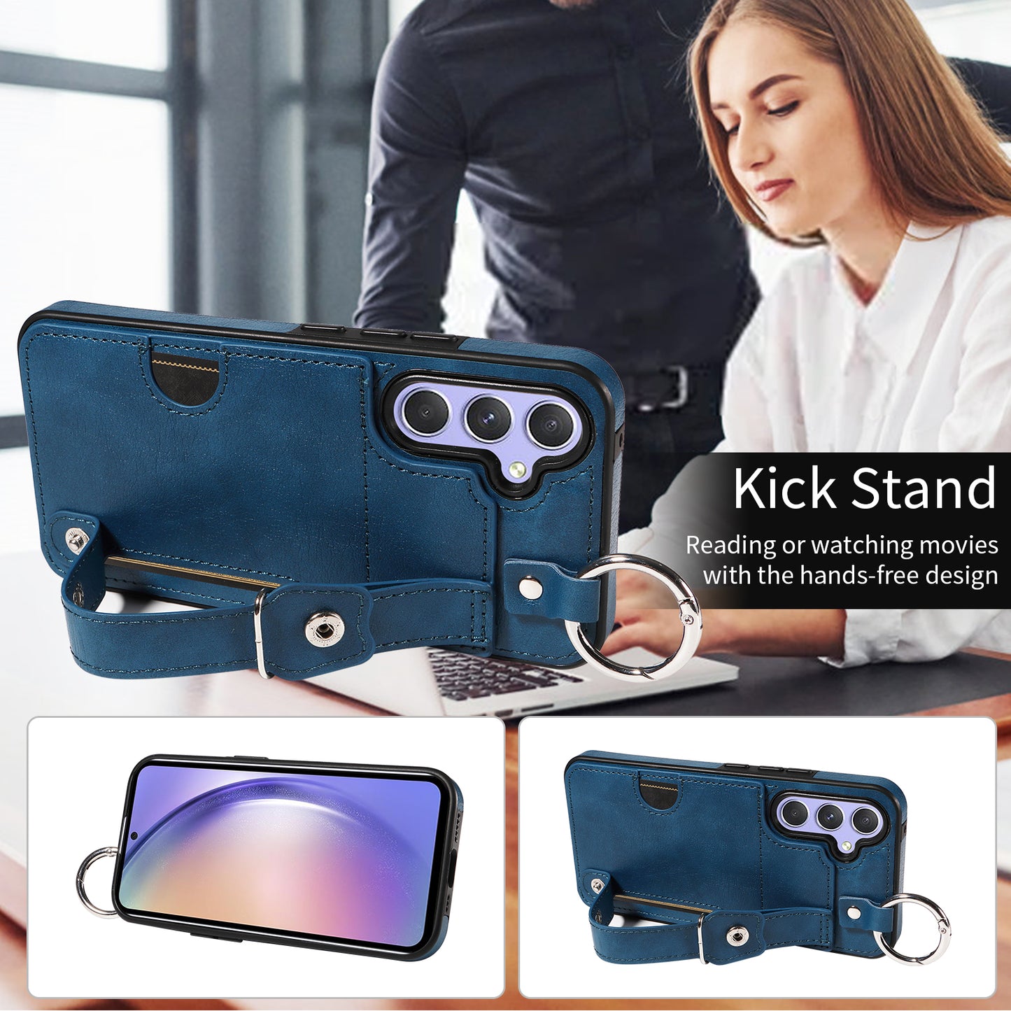008 For Samsung Galaxy A54 5G Phone Case with Wrist Strap Kickstand Leather+TPU Shell - Blue