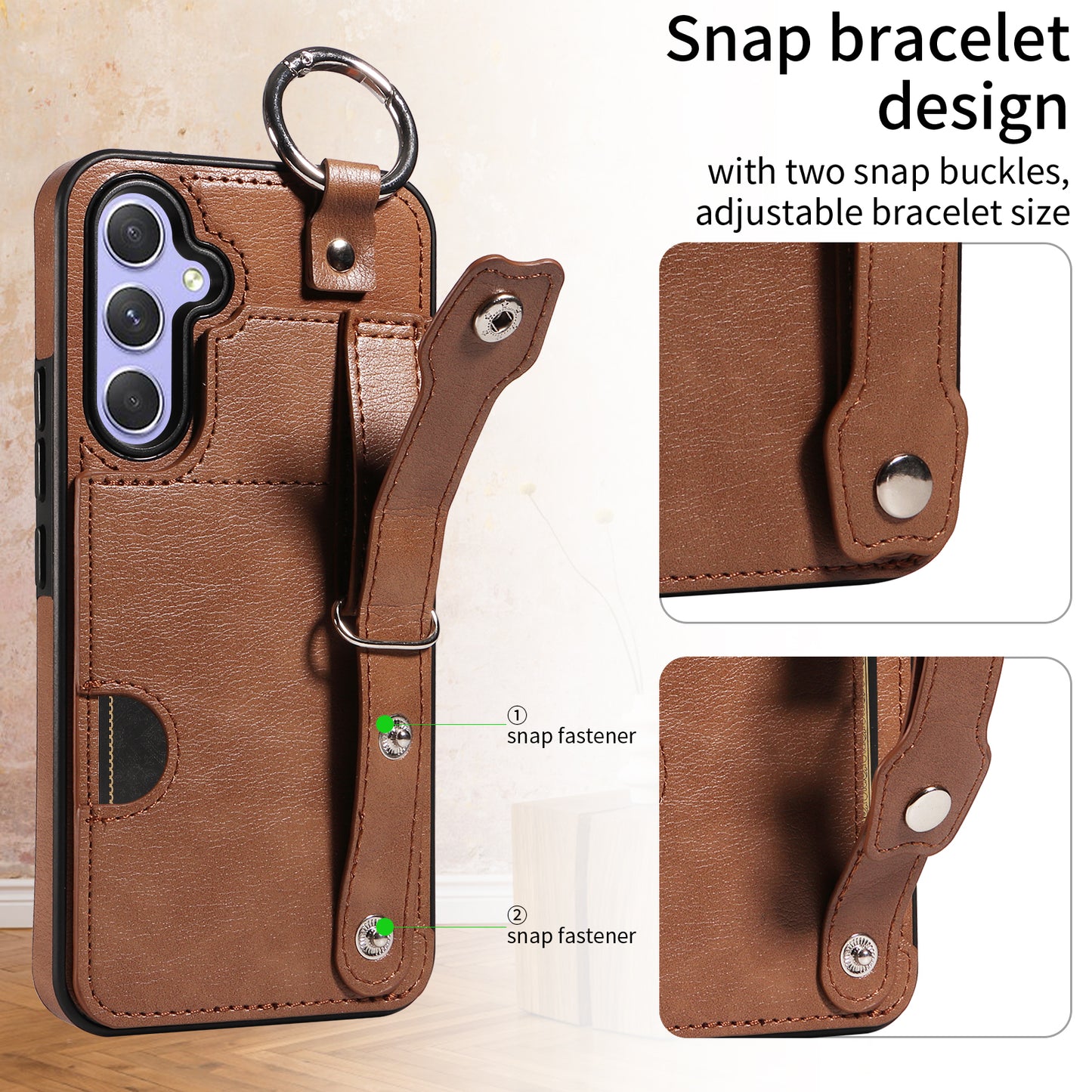 008 For Samsung Galaxy A54 5G Phone Case with Wrist Strap Kickstand Leather+TPU Shell - Brown