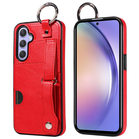 008 For Samsung Galaxy A54 5G Phone Case with Wrist Strap Kickstand Leather+TPU Shell - Red