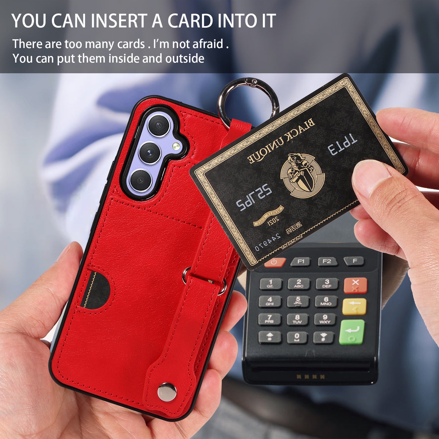 008 For Samsung Galaxy A54 5G Phone Case with Wrist Strap Kickstand Leather+TPU Shell - Red