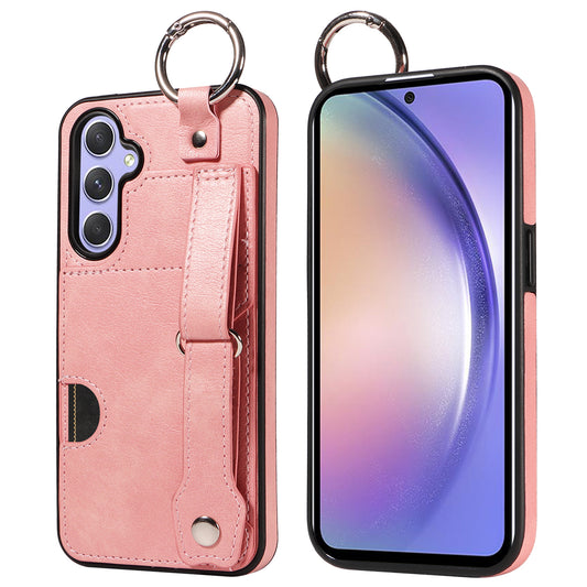 008 For Samsung Galaxy A54 5G Phone Case with Wrist Strap Kickstand Leather+TPU Shell - Pink
