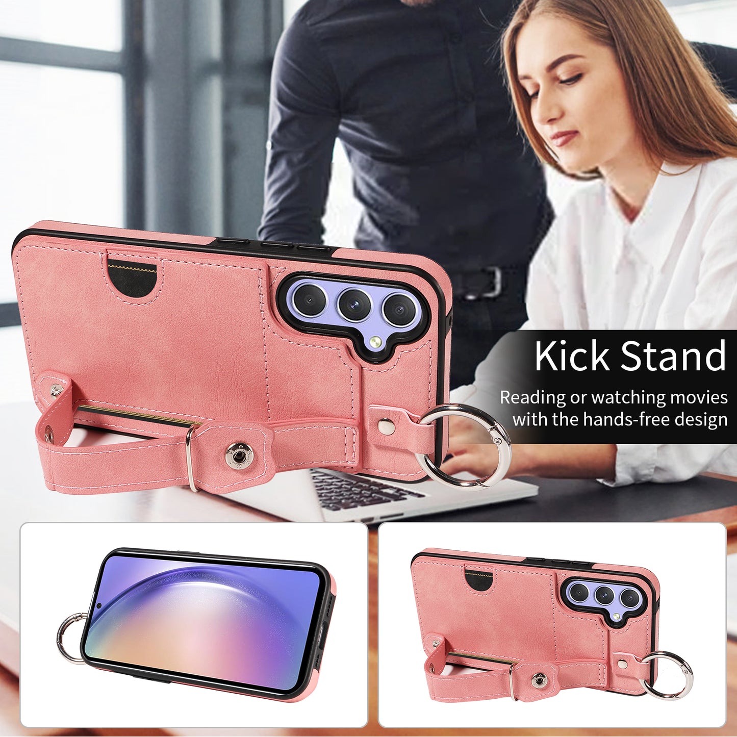 008 For Samsung Galaxy A54 5G Phone Case with Wrist Strap Kickstand Leather+TPU Shell - Pink