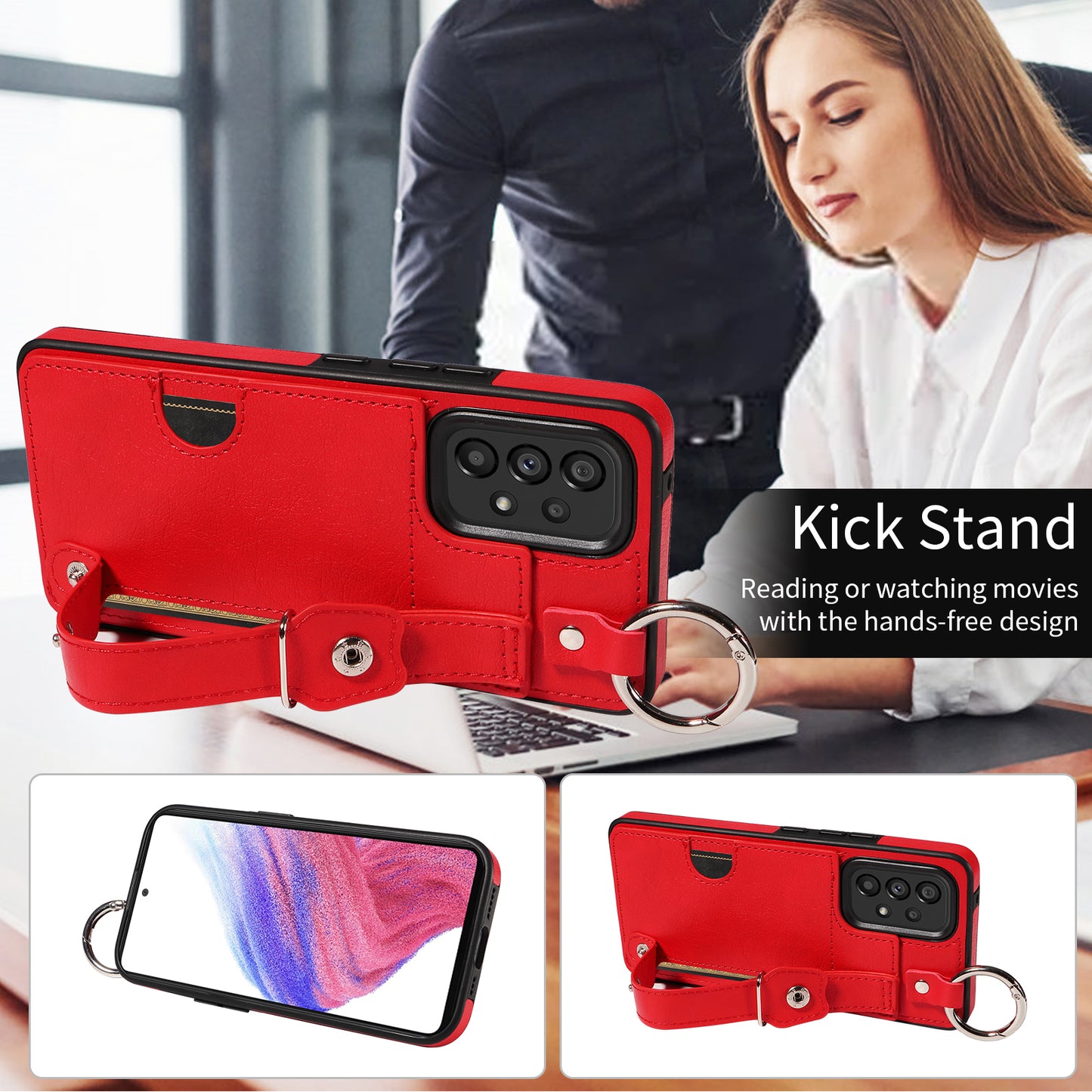 008 For Samsung Galaxy A53 5G Kickstand Case Calf Texture Leather+TPU Phone Case - Red