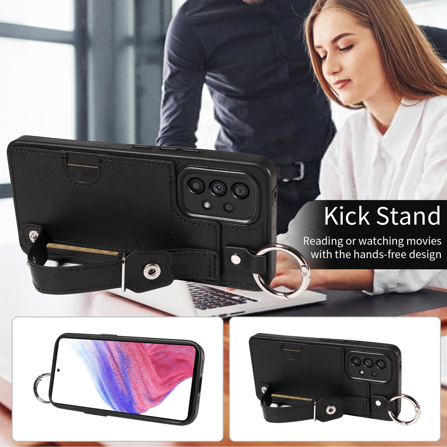 008 For Samsung Galaxy A53 5G Kickstand Case Calf Texture Leather+TPU Phone Case - Black