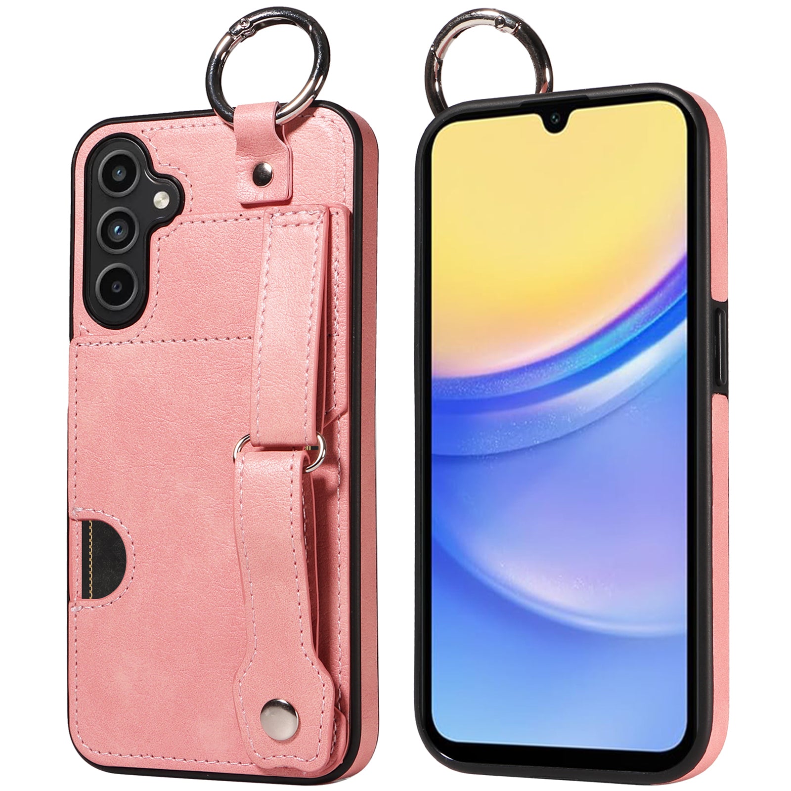 008 For Samsung Galaxy A15 4G Case Kickstand Leather Coated TPU Phone Cover with Card Slot - Pink
