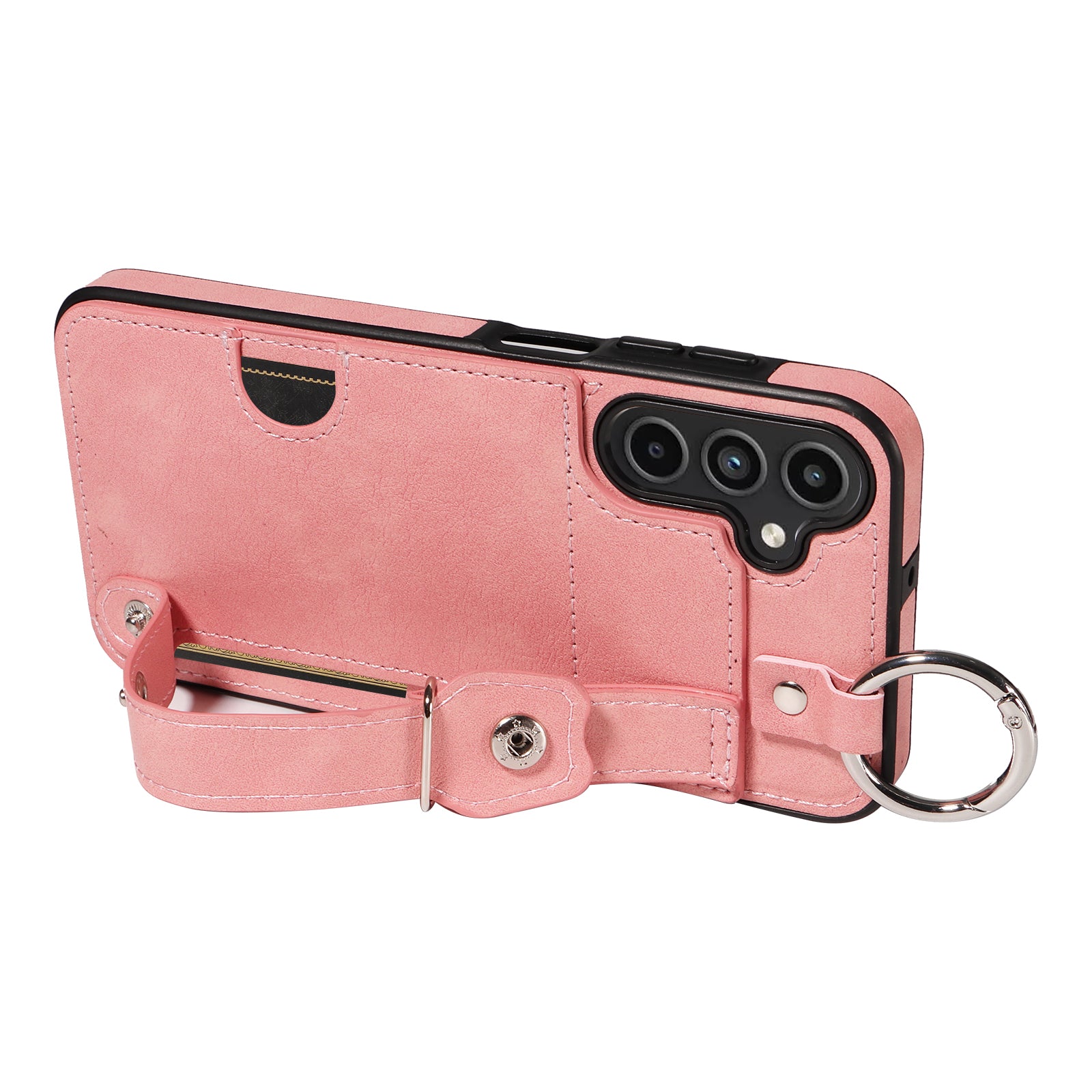 008 For Samsung Galaxy A15 4G Case Kickstand Leather Coated TPU Phone Cover with Card Slot - Pink
