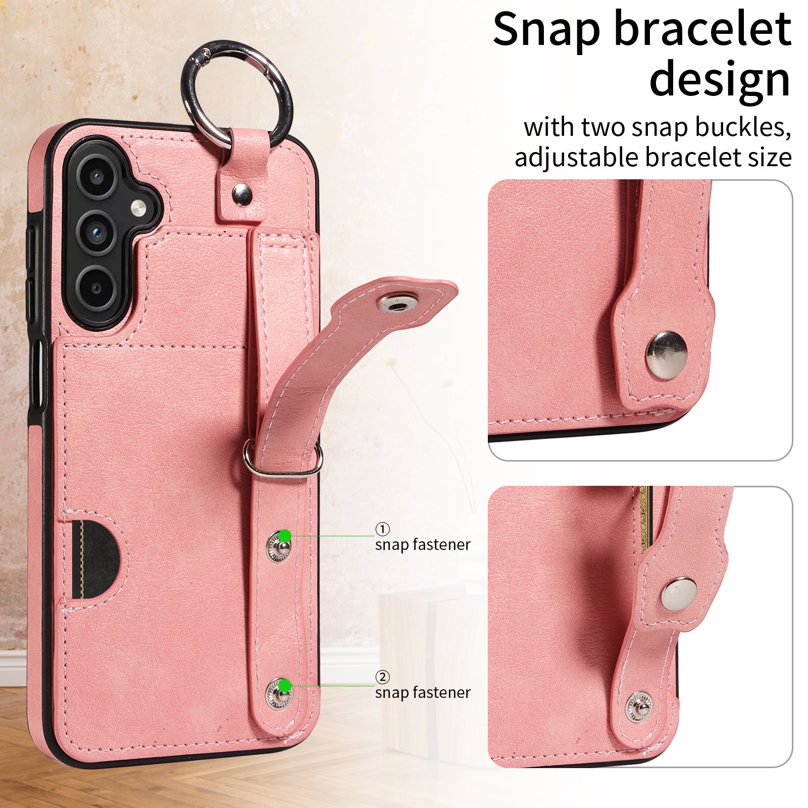 008 For Samsung Galaxy A15 4G Case Kickstand Leather Coated TPU Phone Cover with Card Slot - Pink