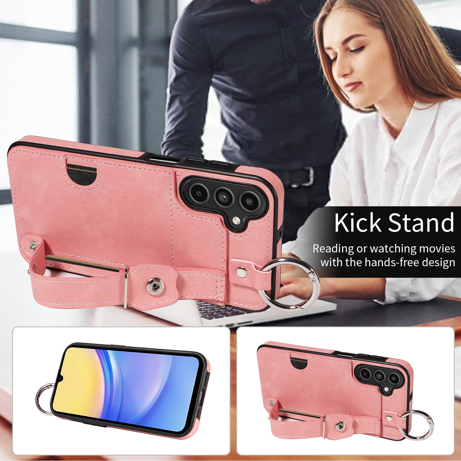 008 For Samsung Galaxy A15 4G Case Kickstand Leather Coated TPU Phone Cover with Card Slot - Pink