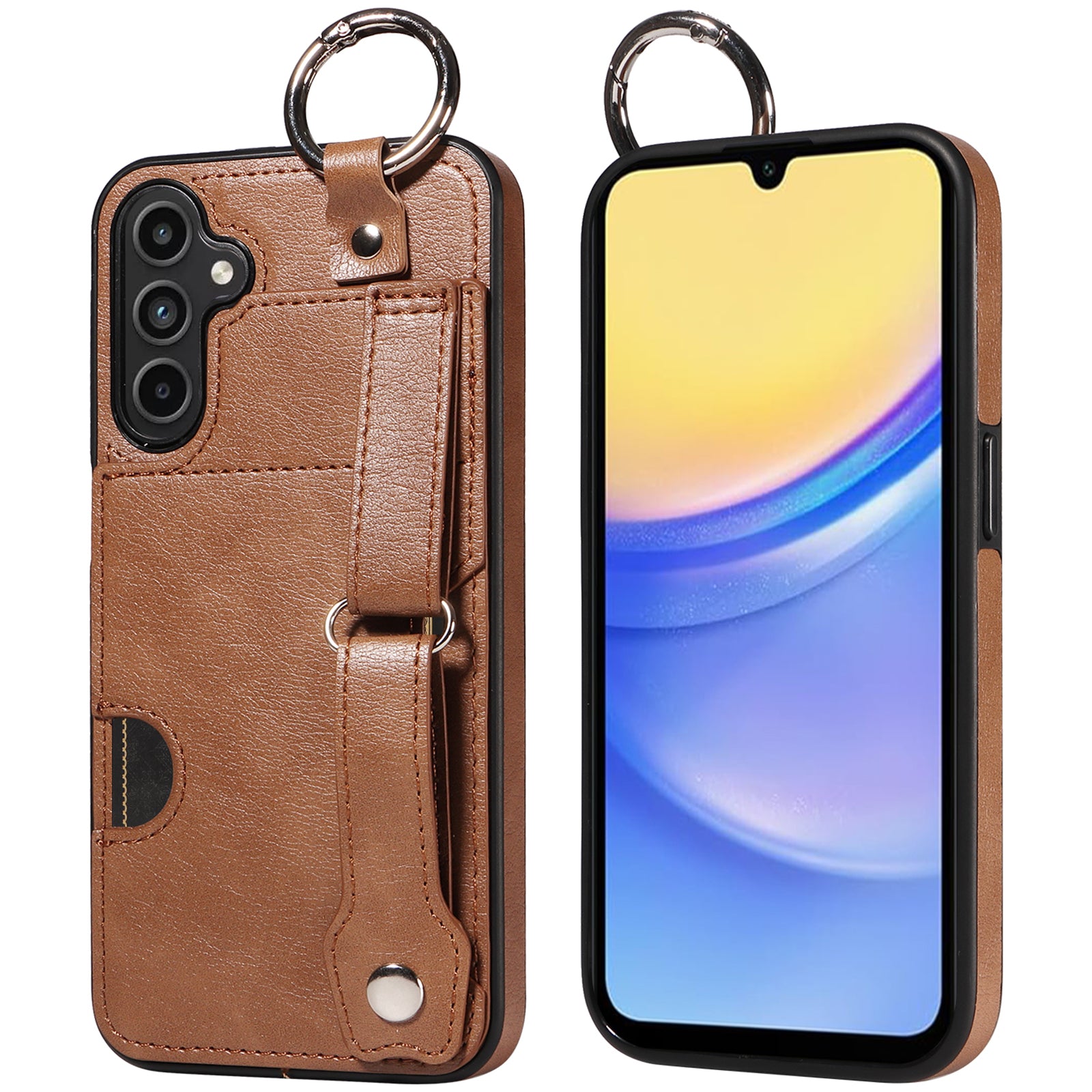 008 For Samsung Galaxy A15 4G Case Kickstand Leather Coated TPU Phone Cover with Card Slot - Brown