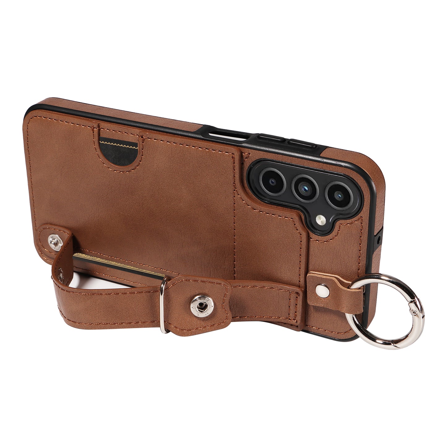 008 For Samsung Galaxy A15 4G Case Kickstand Leather Coated TPU Phone Cover with Card Slot - Brown