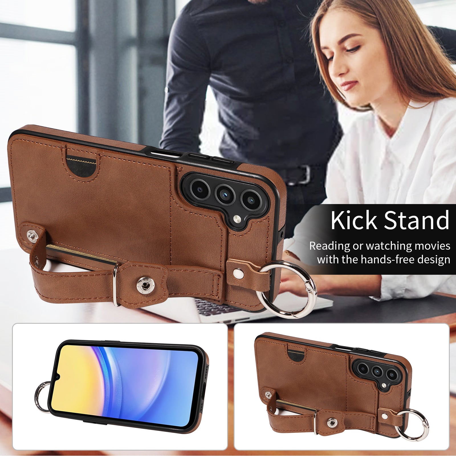 008 For Samsung Galaxy A15 4G Case Kickstand Leather Coated TPU Phone Cover with Card Slot - Brown