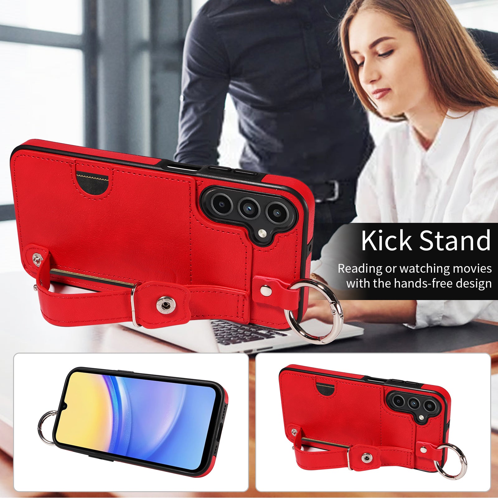 008 For Samsung Galaxy A15 4G Case Kickstand Leather Coated TPU Phone Cover with Card Slot - Red
