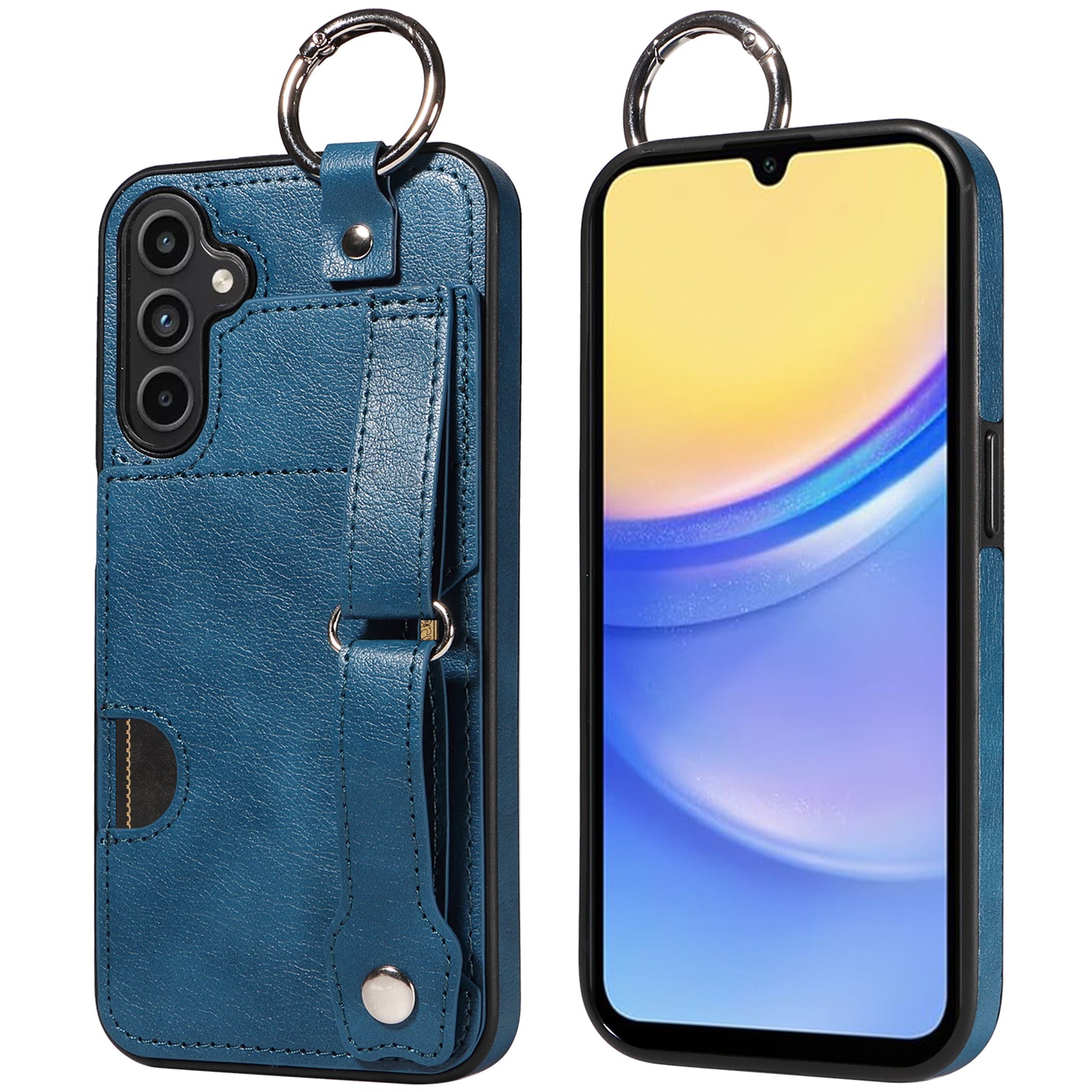 008 For Samsung Galaxy A15 4G Case Kickstand Leather Coated TPU Phone Cover with Card Slot - Blue
