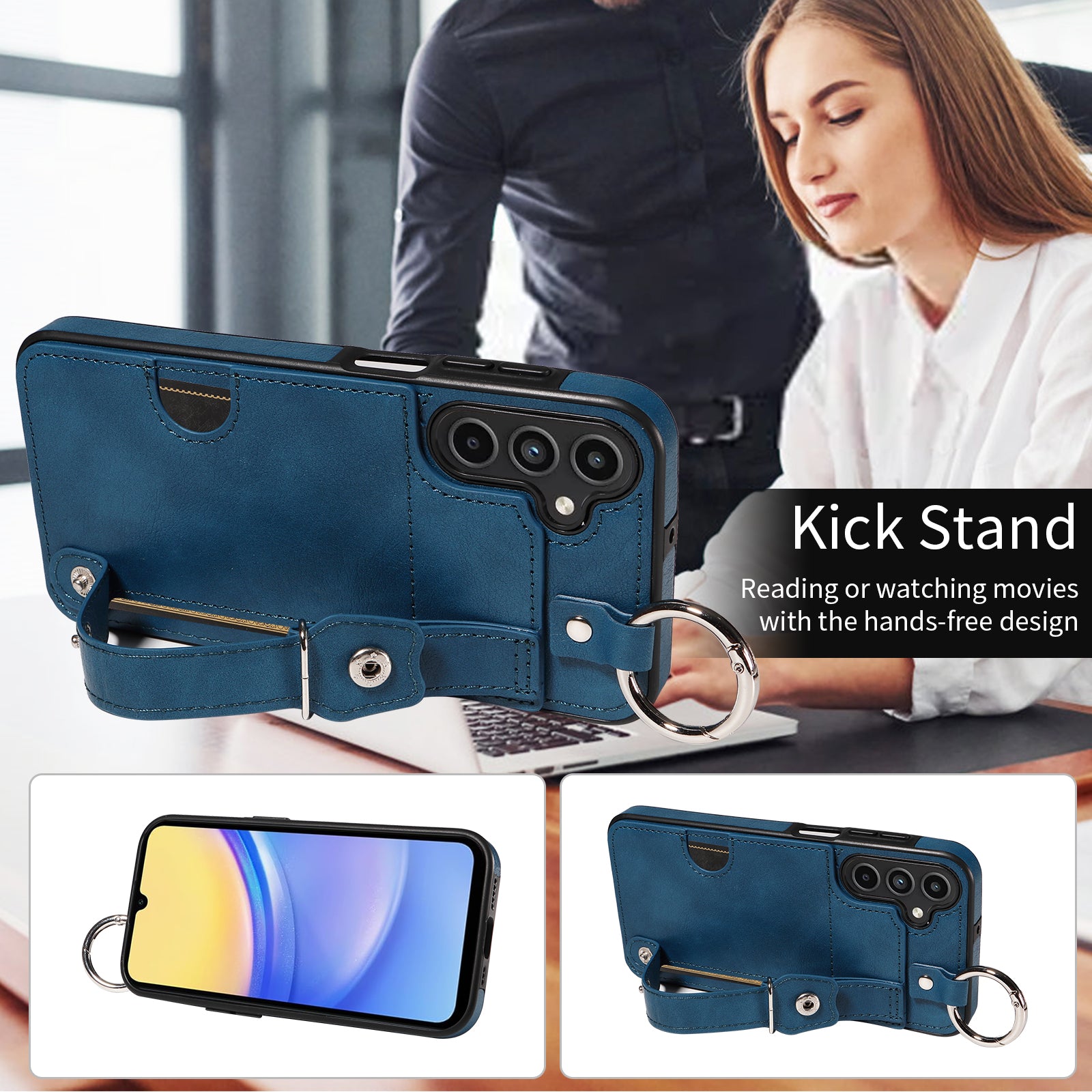 008 For Samsung Galaxy A15 4G Case Kickstand Leather Coated TPU Phone Cover with Card Slot - Blue