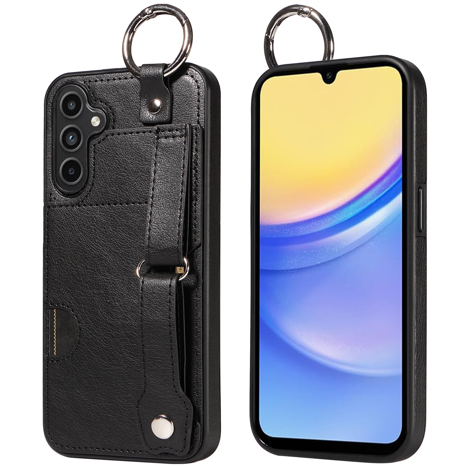 008 For Samsung Galaxy A15 4G Case Kickstand Leather Coated TPU Phone Cover with Card Slot - Black