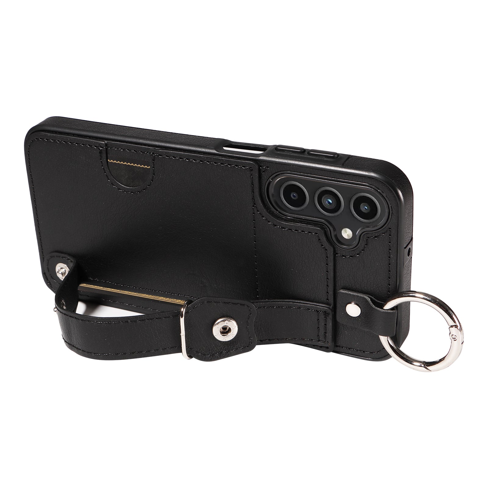 008 For Samsung Galaxy A15 4G Case Kickstand Leather Coated TPU Phone Cover with Card Slot - Black