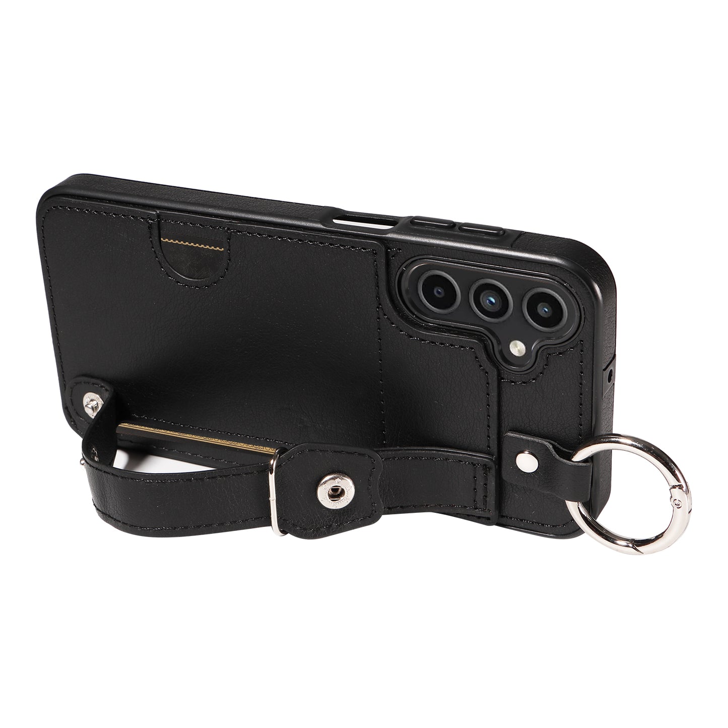 008 For Samsung Galaxy A15 4G Case Kickstand Leather Coated TPU Phone Cover with Card Slot - Black