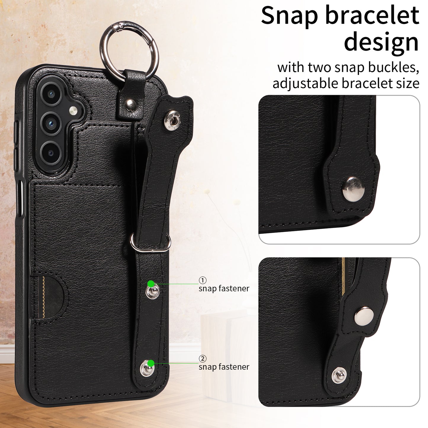 008 For Samsung Galaxy A15 4G Case Kickstand Leather Coated TPU Phone Cover with Card Slot - Black