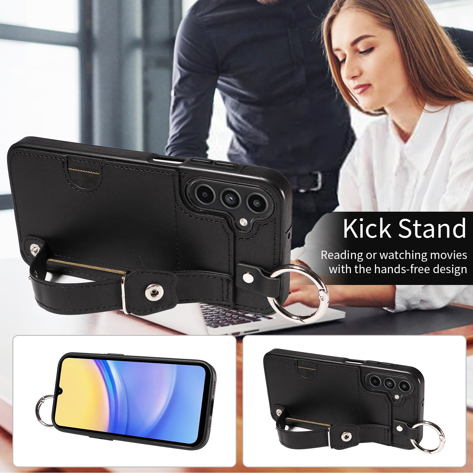 008 For Samsung Galaxy A15 4G Case Kickstand Leather Coated TPU Phone Cover with Card Slot - Black