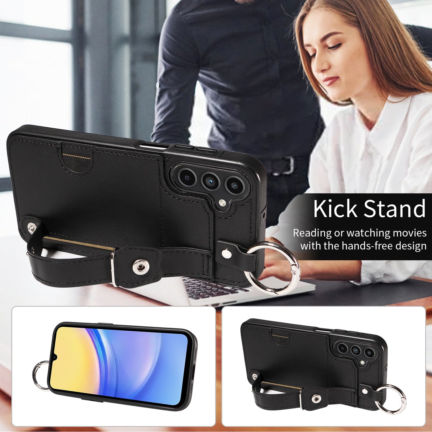 008 For Samsung Galaxy A15 4G Case Kickstand Leather Coated TPU Phone Cover with Card Slot - Black