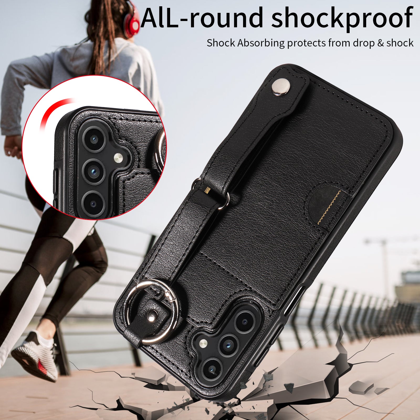008 For Samsung Galaxy A15 4G Case Kickstand Leather Coated TPU Phone Cover with Card Slot - Black