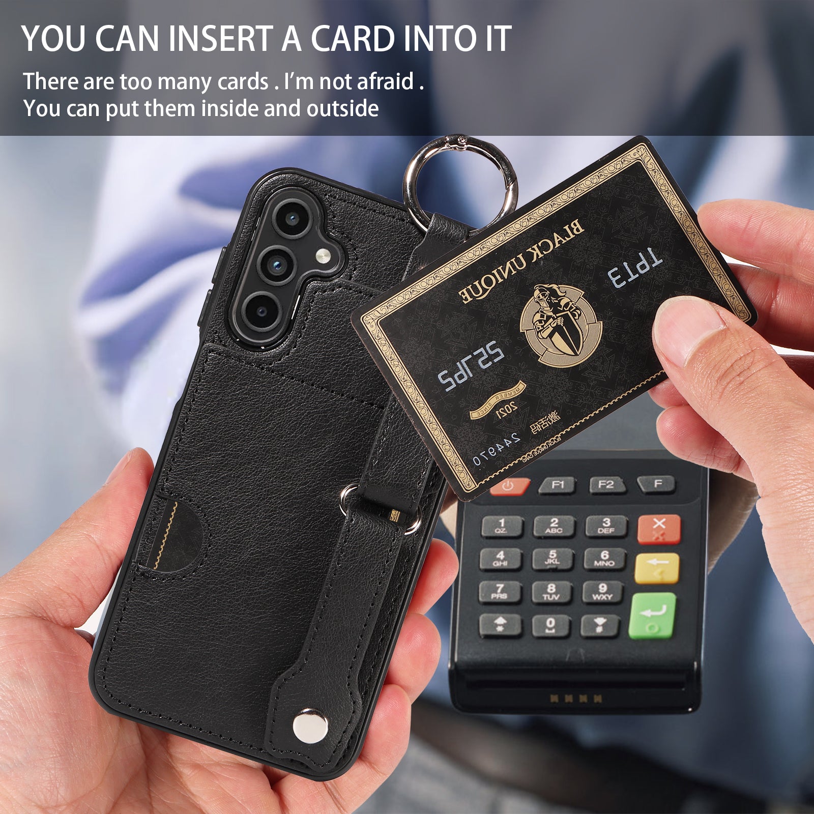 008 For Samsung Galaxy A15 4G Case Kickstand Leather Coated TPU Phone Cover with Card Slot - Black