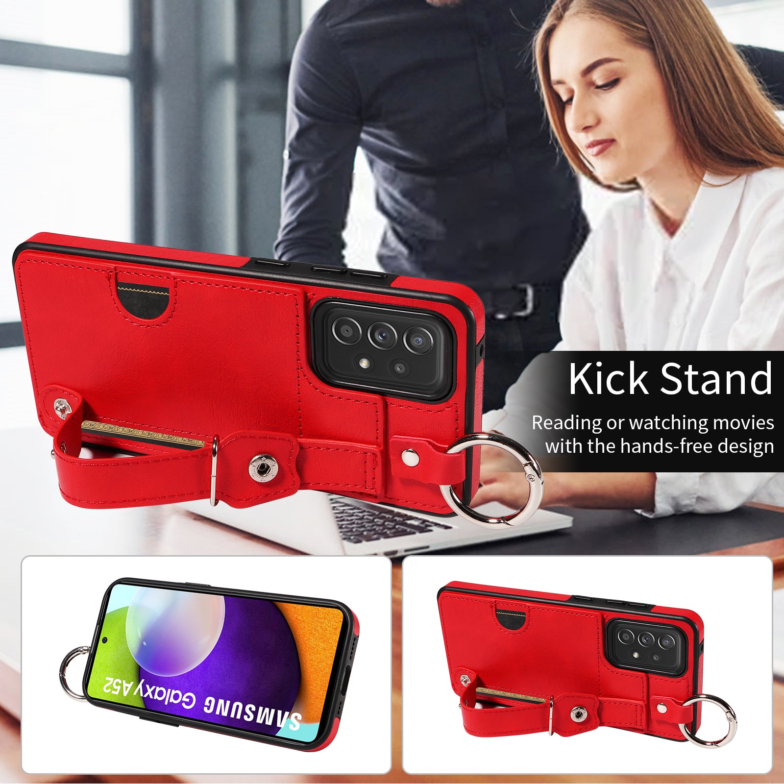 008 For Samsung Galaxy A52 4G / 5G / A52s 5G Case Calf Texture PU+TPU Phone Cover with Kickstand - Red