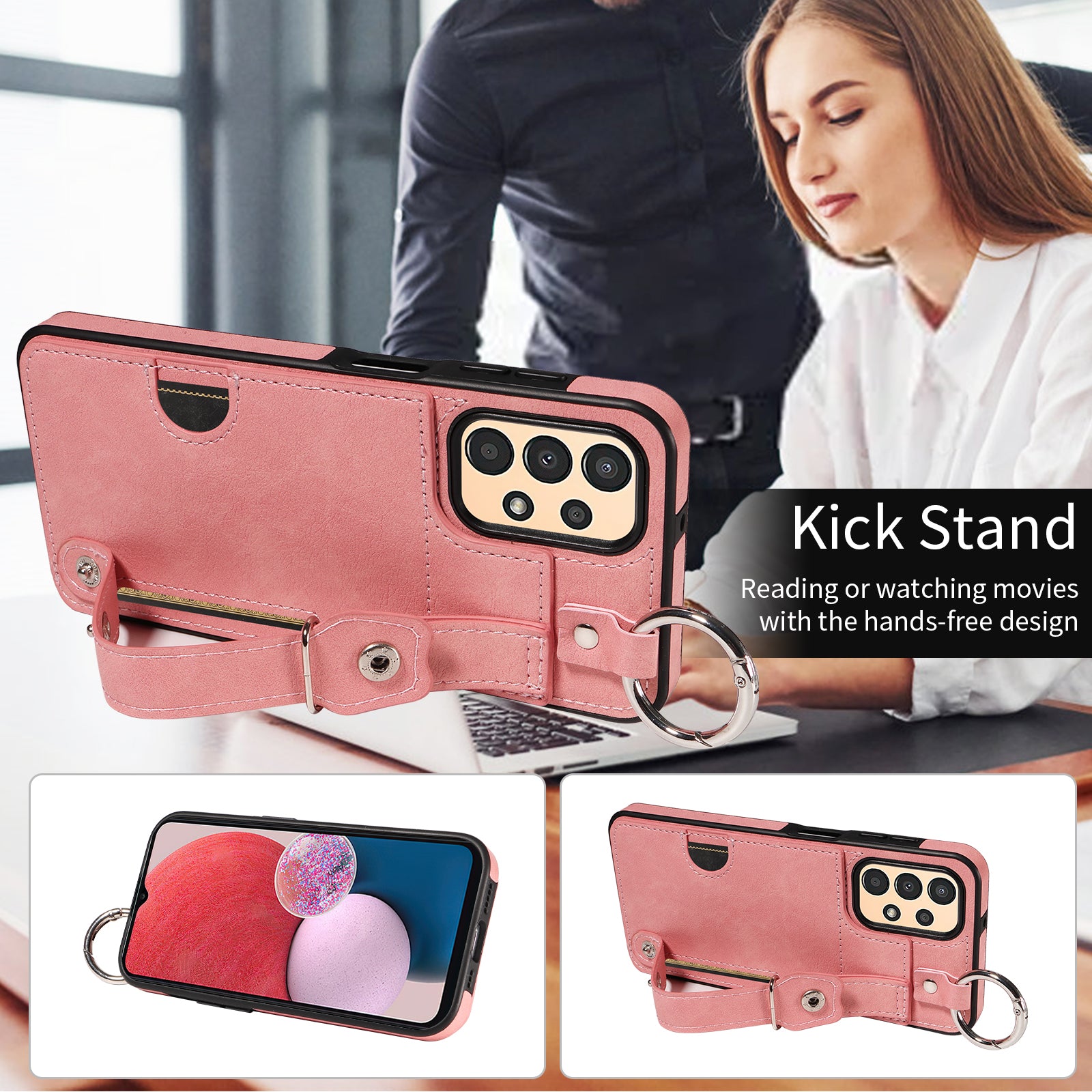 008 For Samsung Galaxy A13 5G / A13 4G /  A04s 4G (164.7 x 76.7 x 9.1 mm) / A04 4G (164.4 x 76) Case Bump Proof Leather+TPU Cover - Pink