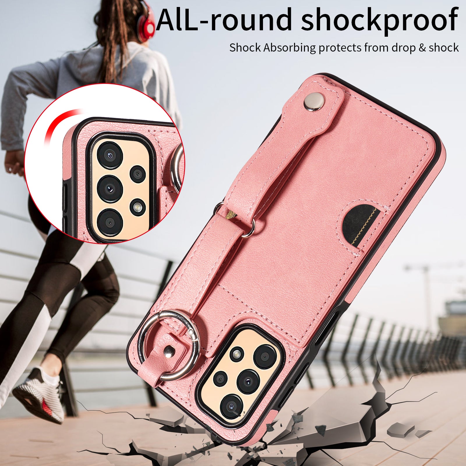 008 For Samsung Galaxy A13 5G / A13 4G /  A04s 4G (164.7 x 76.7 x 9.1 mm) / A04 4G (164.4 x 76) Case Bump Proof Leather+TPU Cover - Pink