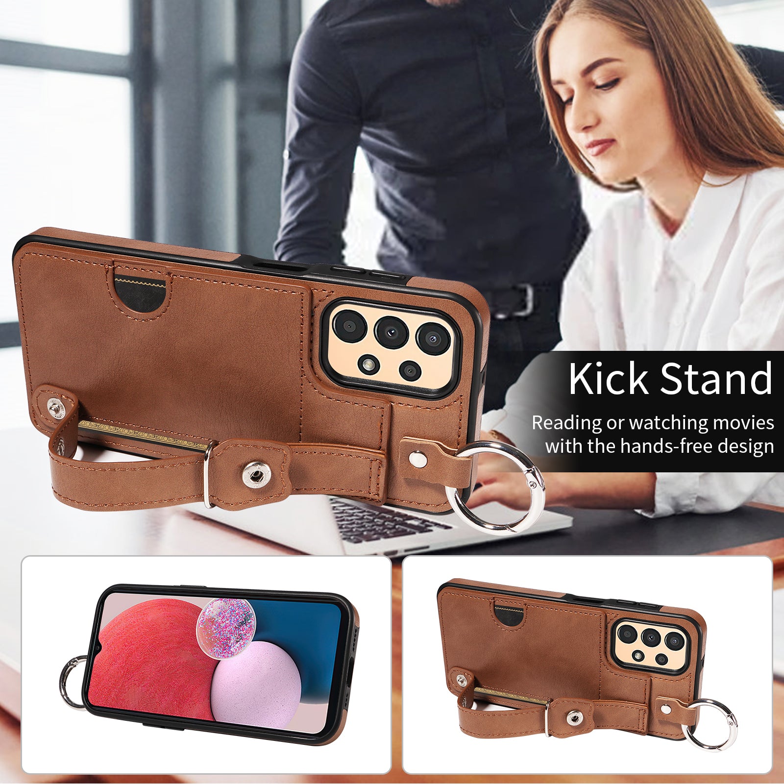 008 For Samsung Galaxy A13 5G / A13 4G /  A04s 4G (164.7 x 76.7 x 9.1 mm) / A04 4G (164.4 x 76) Case Bump Proof Leather+TPU Cover - Brown
