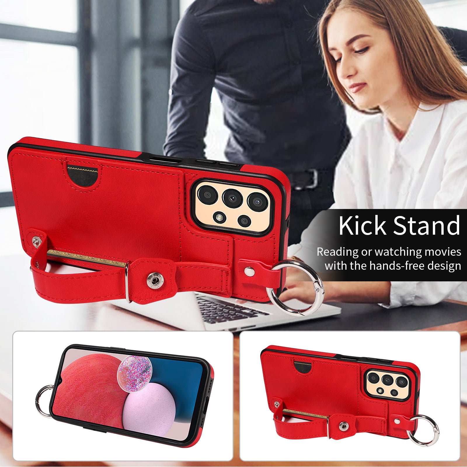 008 For Samsung Galaxy A13 5G / A13 4G /  A04s 4G (164.7 x 76.7 x 9.1 mm) / A04 4G (164.4 x 76) Case Bump Proof Leather+TPU Cover - Red