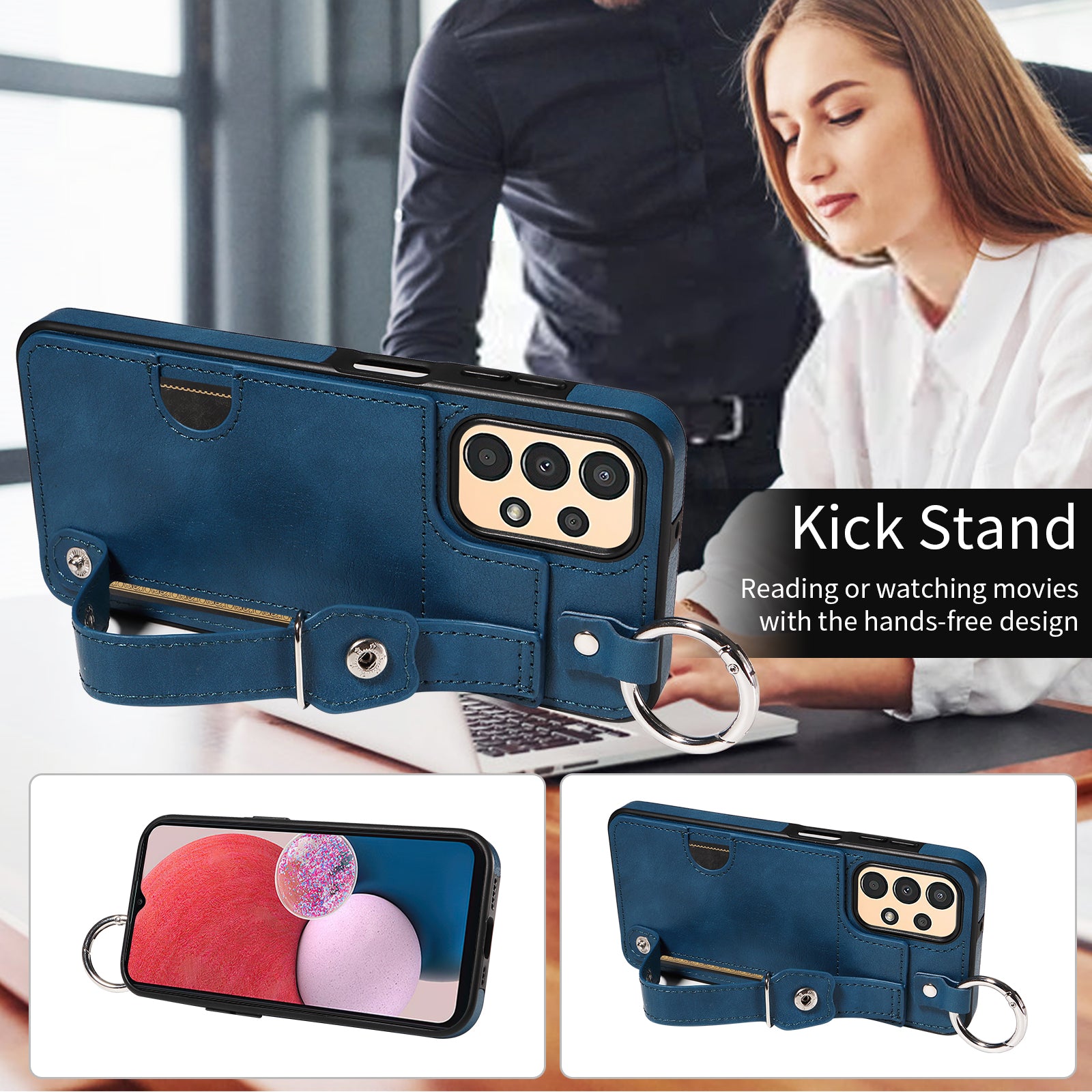 008 For Samsung Galaxy A13 5G / A13 4G /  A04s 4G (164.7 x 76.7 x 9.1 mm) / A04 4G (164.4 x 76) Case Bump Proof Leather+TPU Cover - Blue