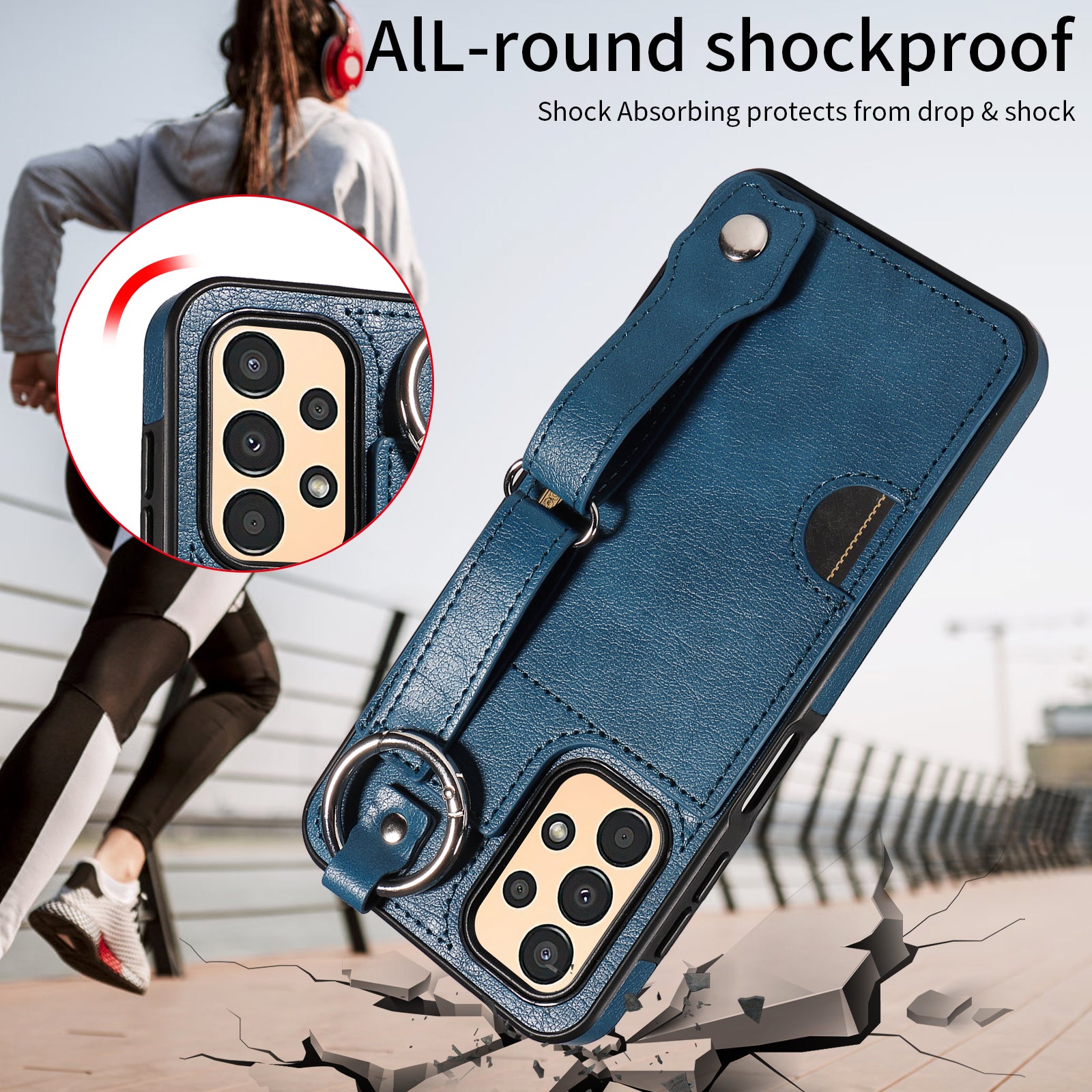 008 For Samsung Galaxy A13 5G / A13 4G /  A04s 4G (164.7 x 76.7 x 9.1 mm) / A04 4G (164.4 x 76) Case Bump Proof Leather+TPU Cover - Blue
