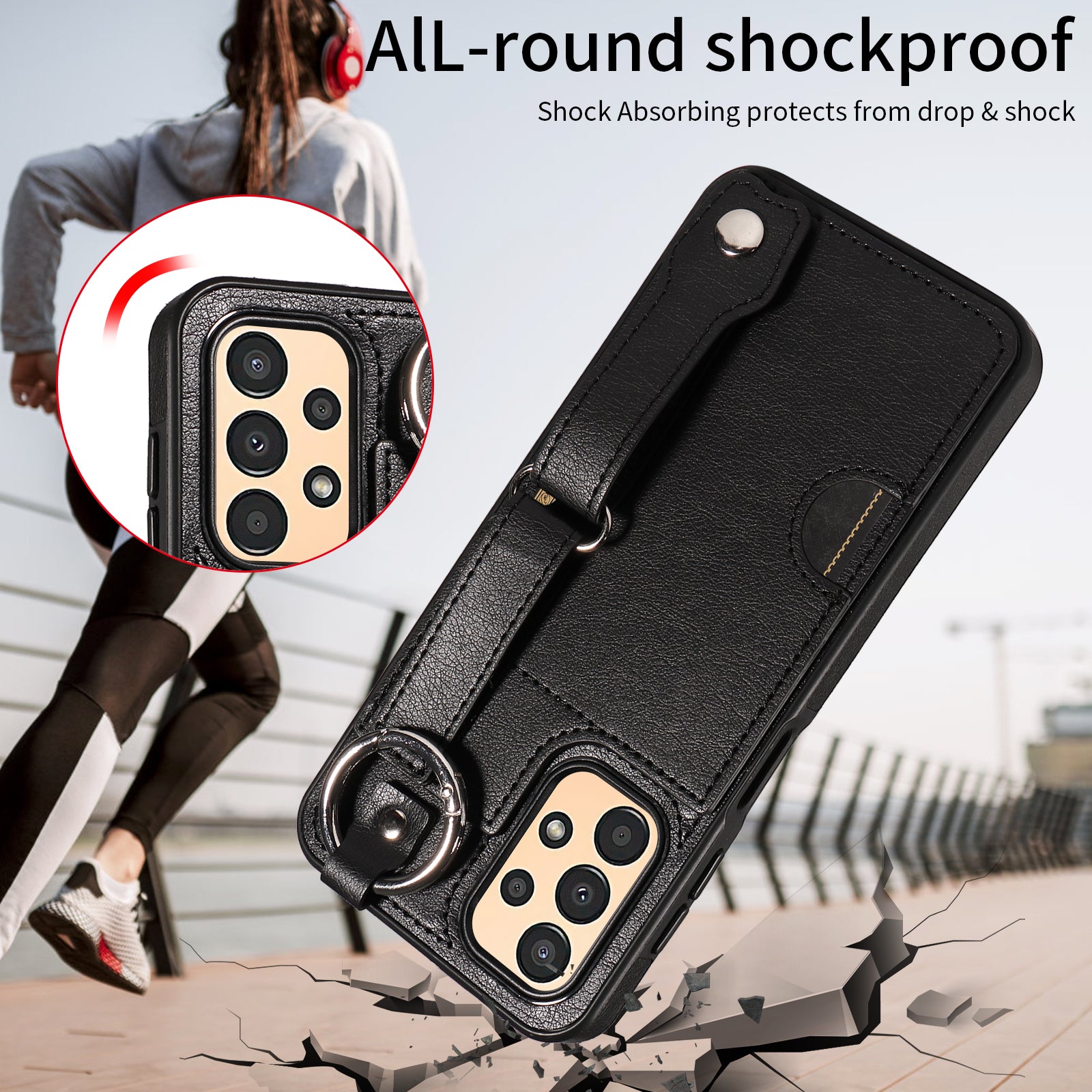 008 For Samsung Galaxy A13 5G / A13 4G /  A04s 4G (164.7 x 76.7 x 9.1 mm) / A04 4G (164.4 x 76) Case Bump Proof Leather+TPU Cover - Black