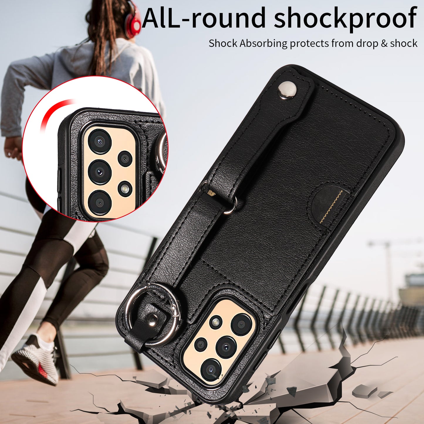 008 For Samsung Galaxy A13 5G / A13 4G /  A04s 4G (164.7 x 76.7 x 9.1 mm) / A04 4G (164.4 x 76) Case Bump Proof Leather+TPU Cover - Black