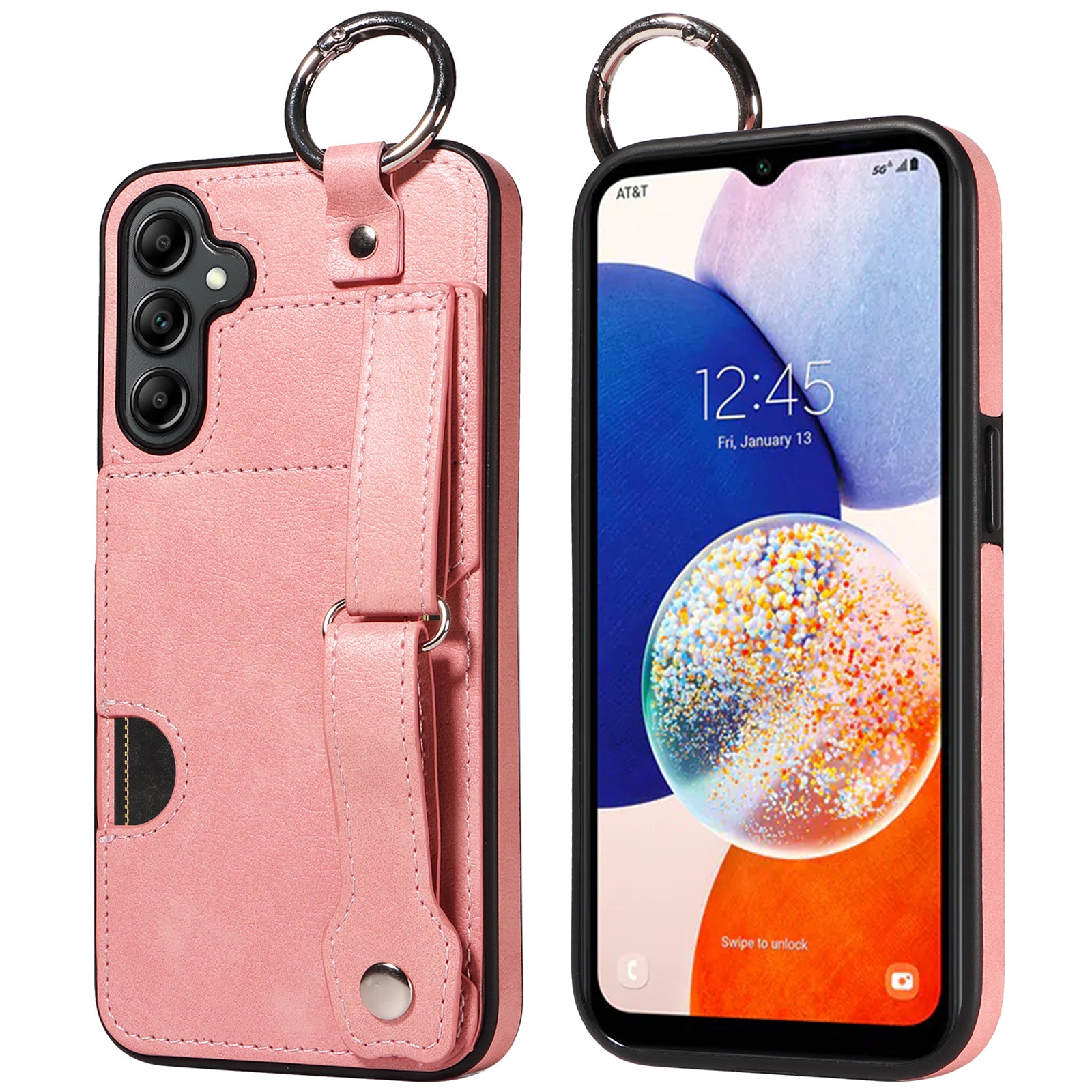008 For Samsung Galaxy A14 5G / 4G Case Kickstand Leather TPU Phone Cover with Wrist Strap - Pink