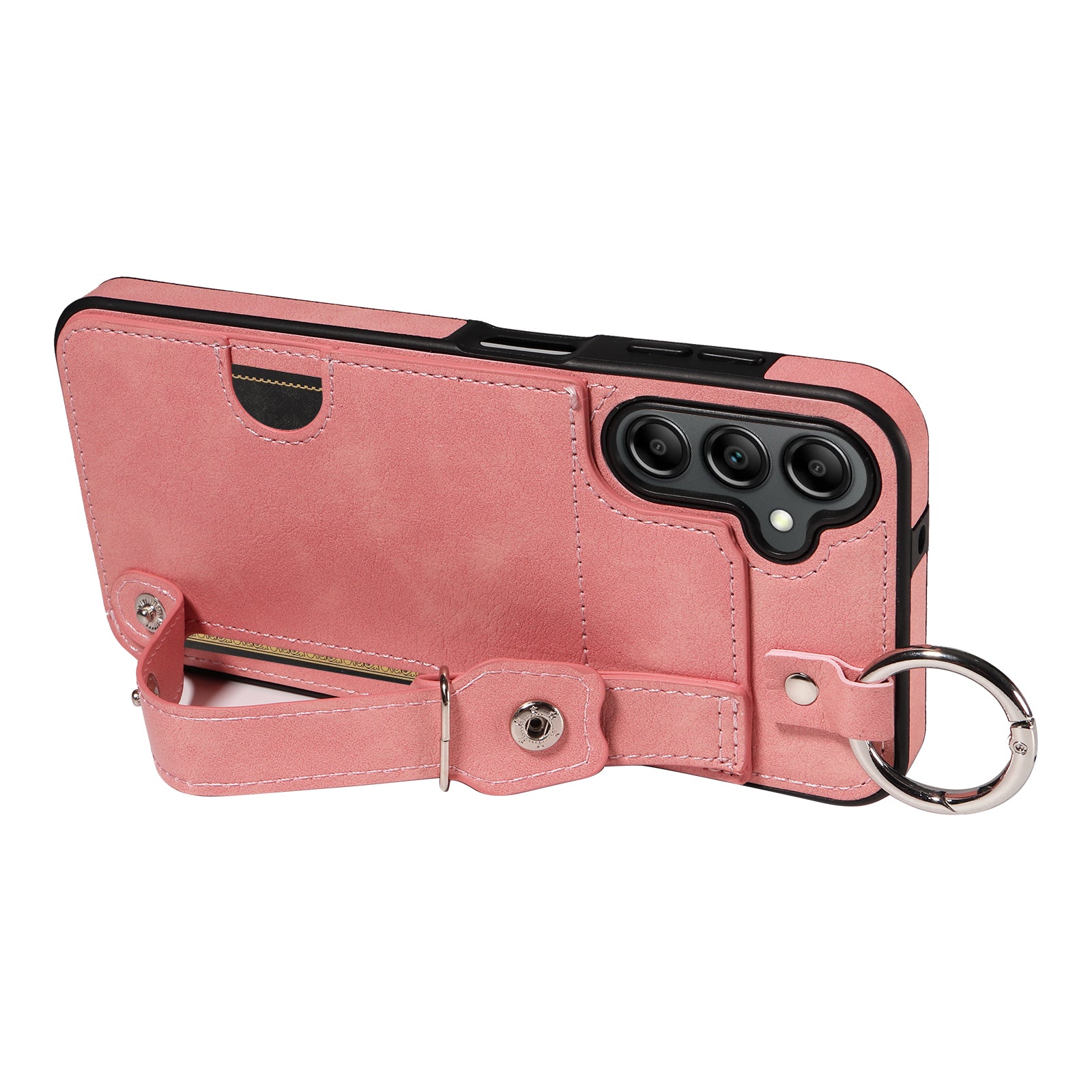 008 For Samsung Galaxy A14 5G / 4G Case Kickstand Leather TPU Phone Cover with Wrist Strap - Pink