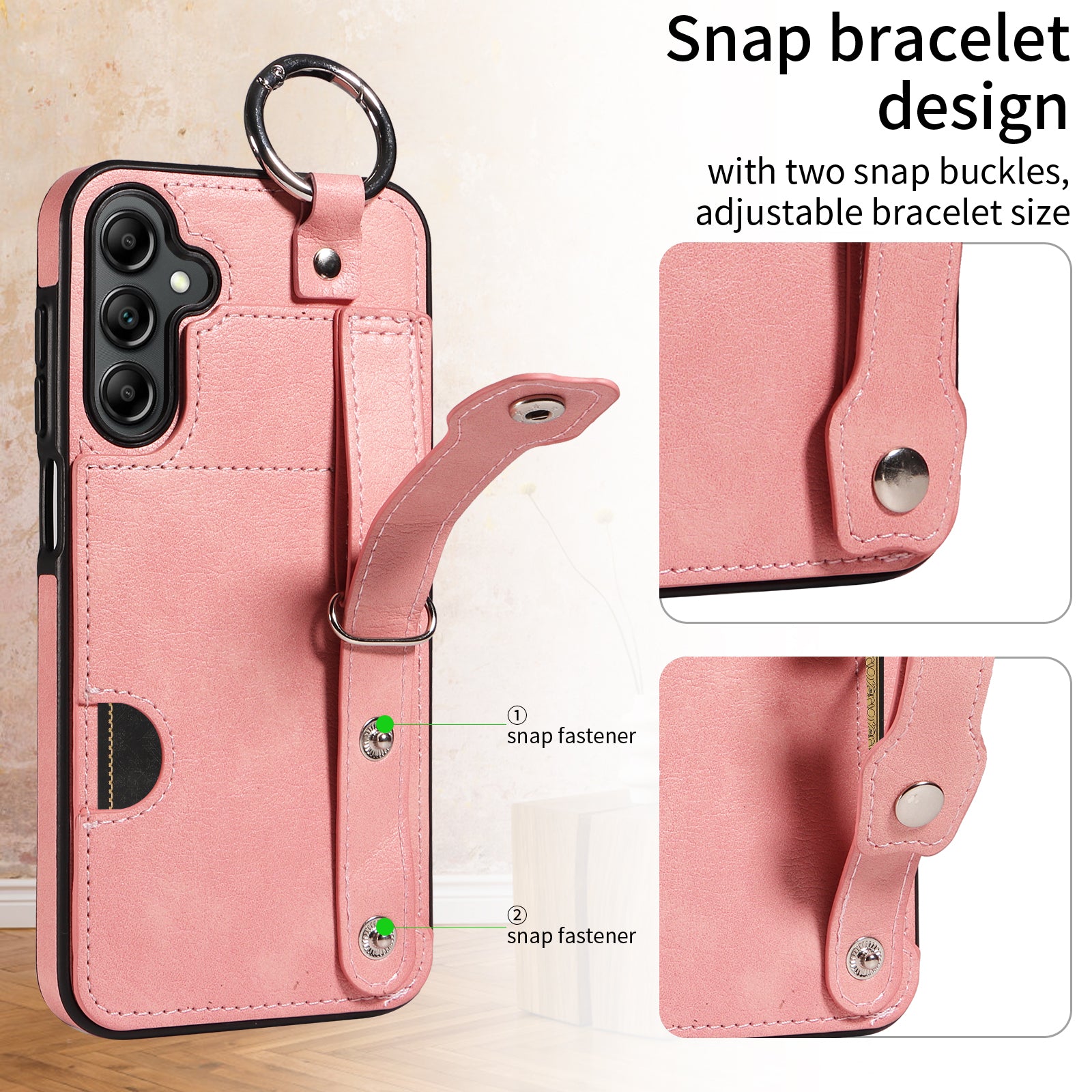 008 For Samsung Galaxy A14 5G / 4G Case Kickstand Leather TPU Phone Cover with Wrist Strap - Pink