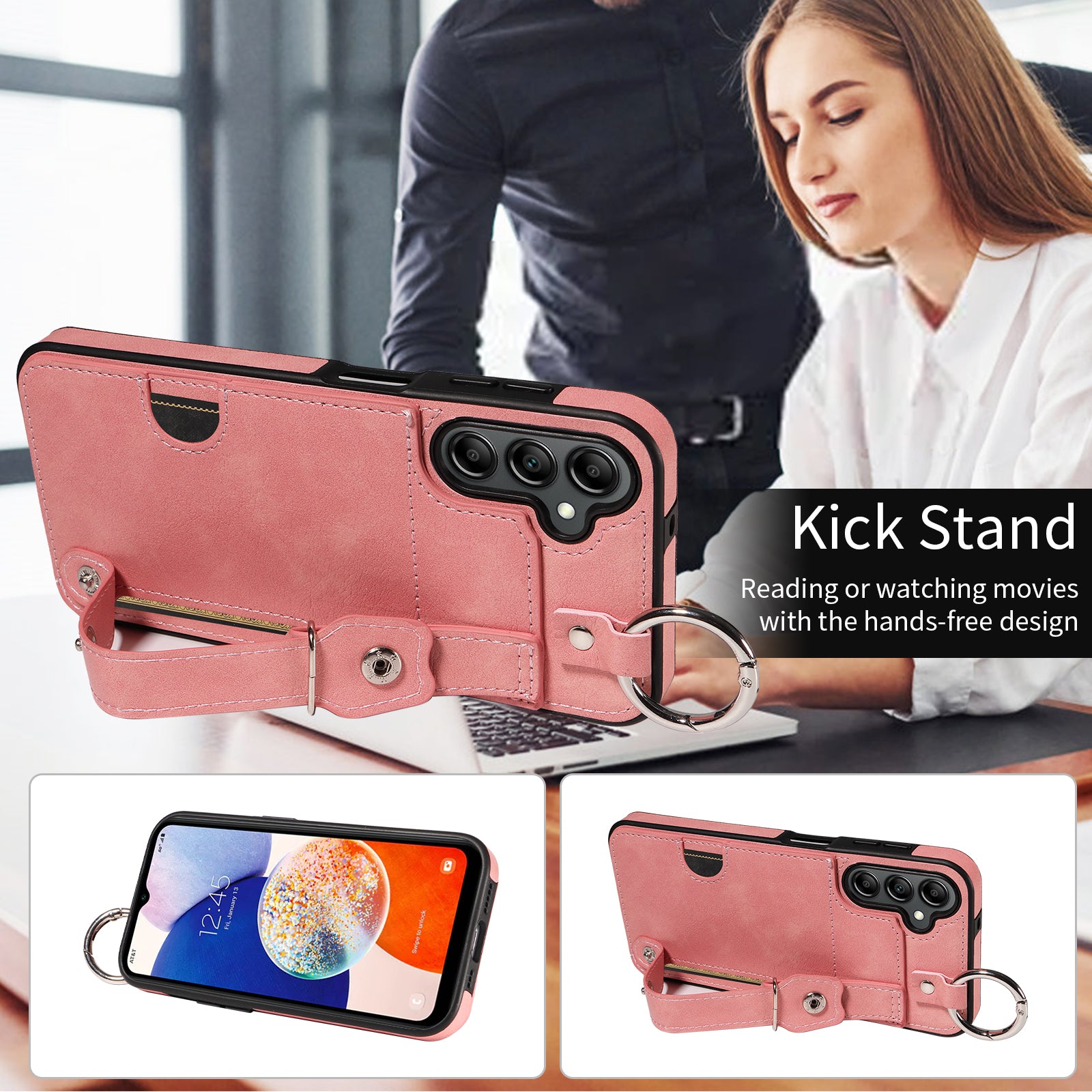 008 For Samsung Galaxy A14 5G / 4G Case Kickstand Leather TPU Phone Cover with Wrist Strap - Pink