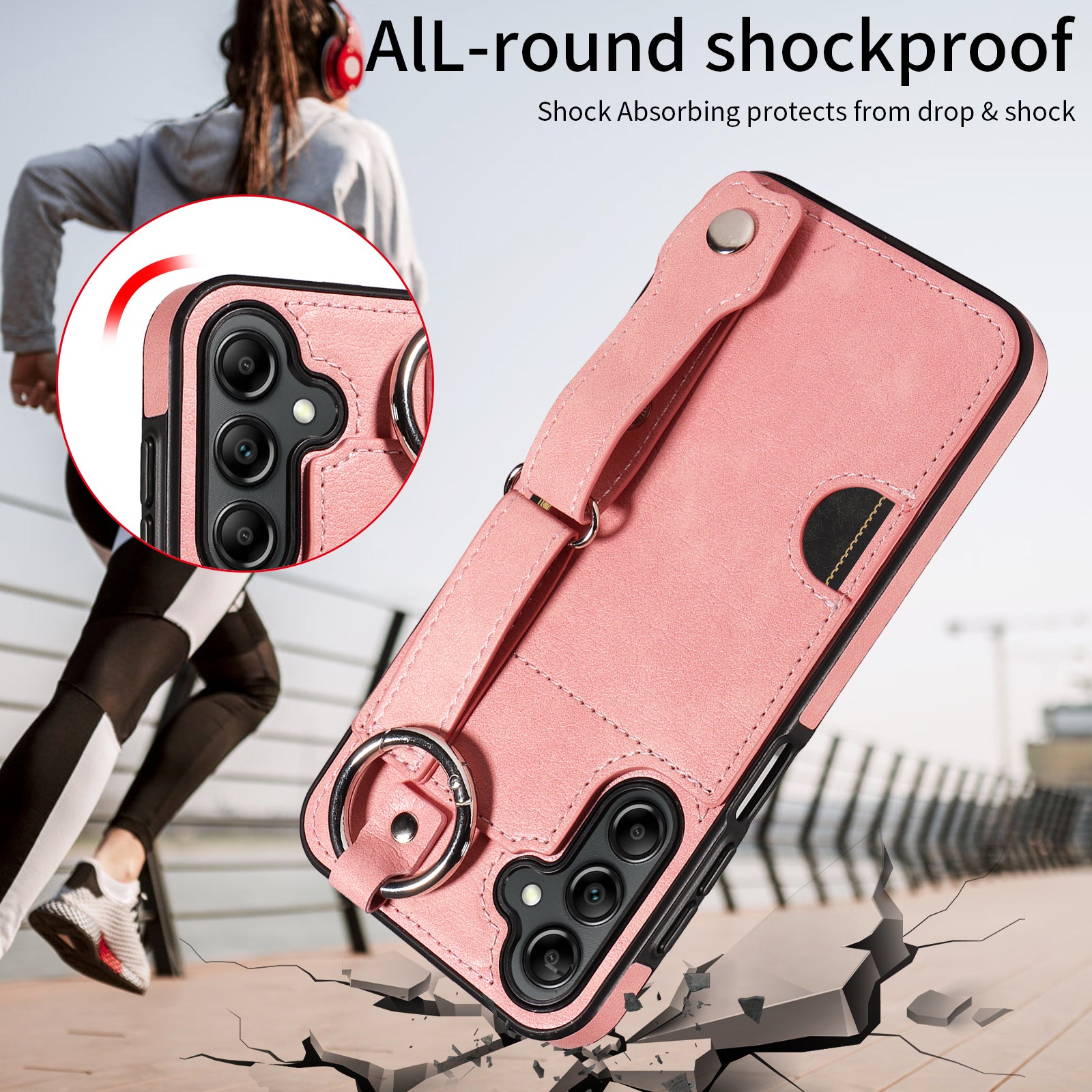 008 For Samsung Galaxy A14 5G / 4G Case Kickstand Leather TPU Phone Cover with Wrist Strap - Pink