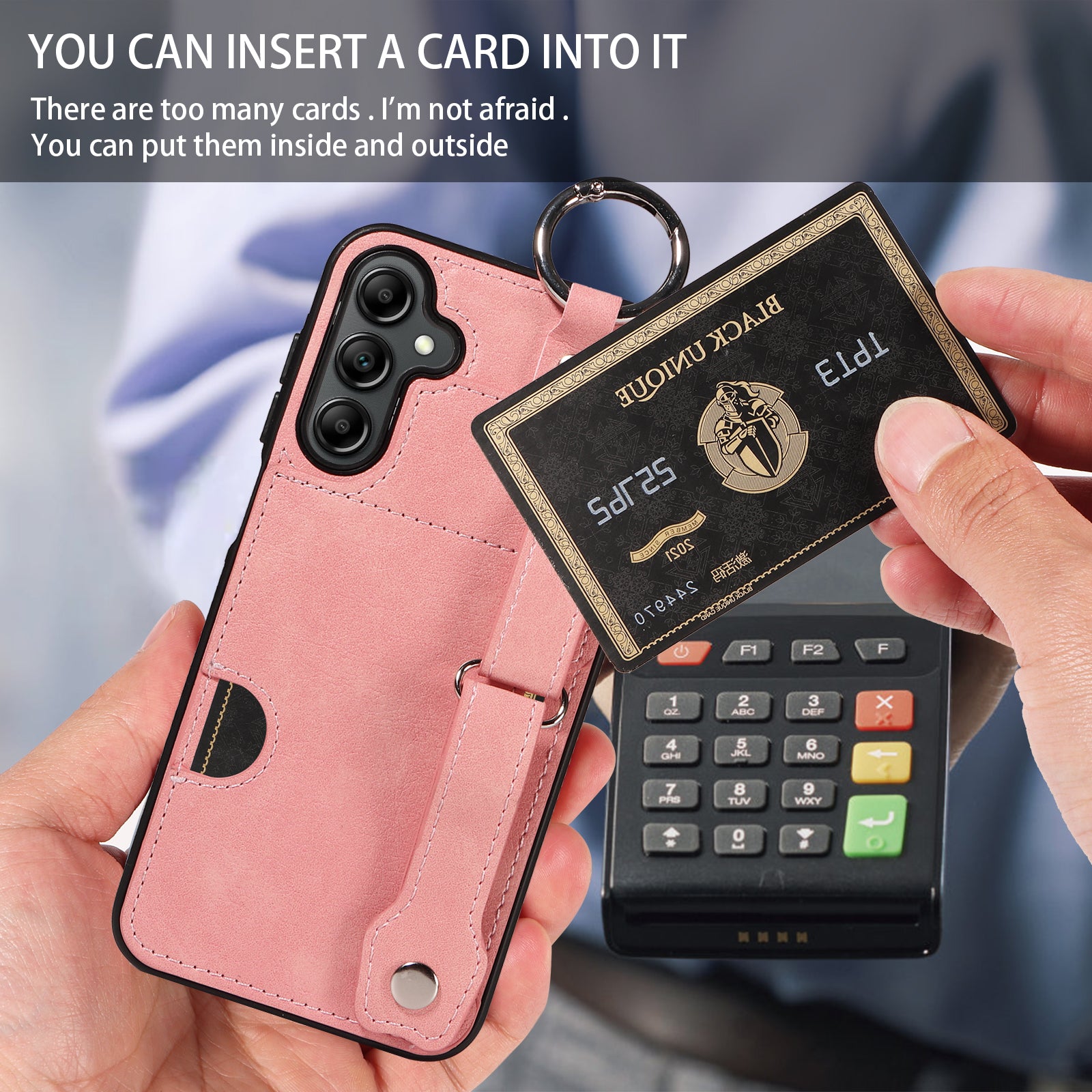 008 For Samsung Galaxy A14 5G / 4G Case Kickstand Leather TPU Phone Cover with Wrist Strap - Pink