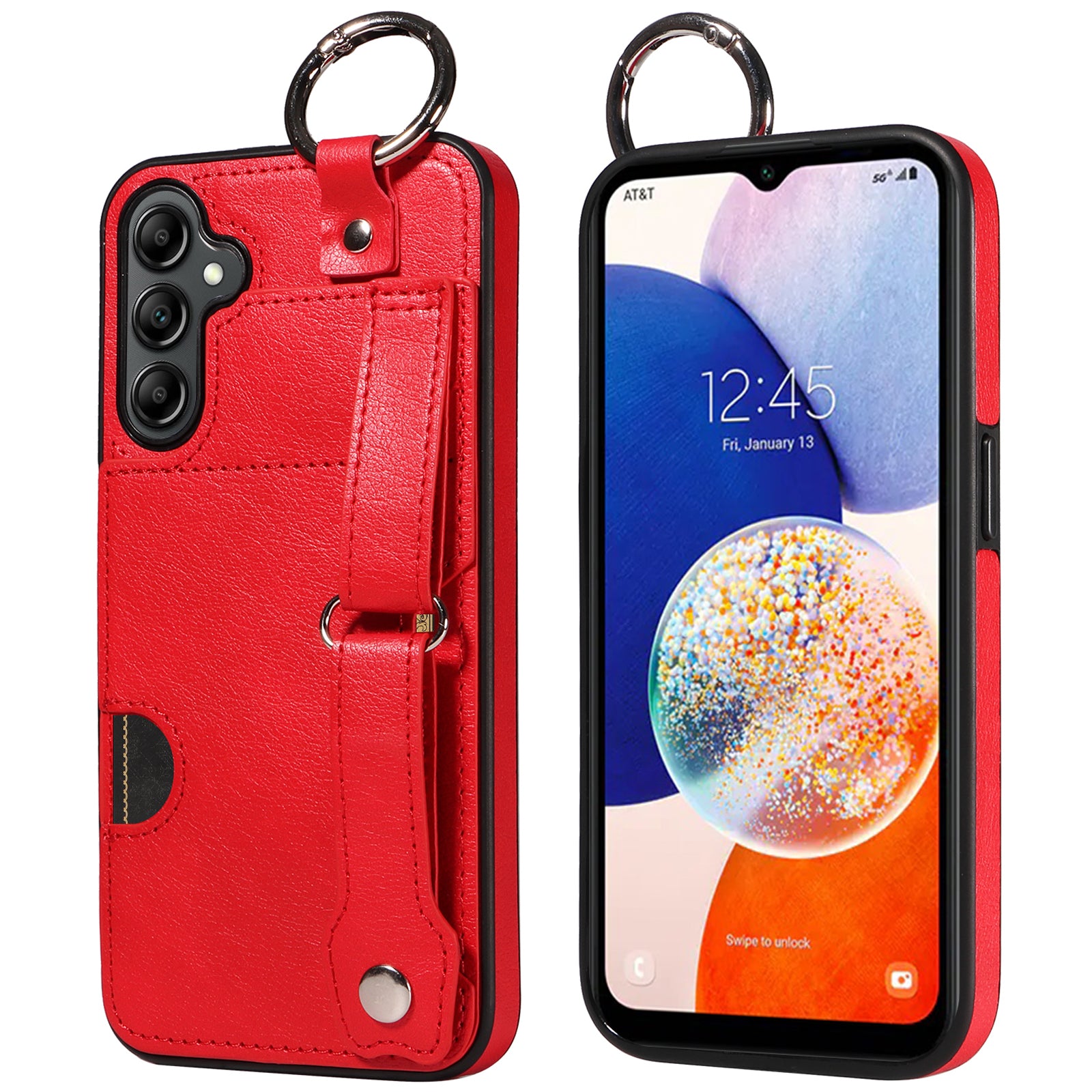 008 For Samsung Galaxy A14 5G / 4G Case Kickstand Leather TPU Phone Cover with Wrist Strap - Red