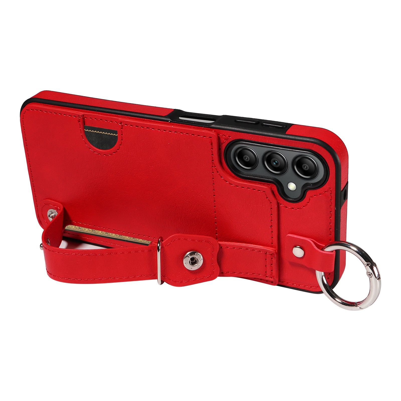 008 For Samsung Galaxy A14 5G / 4G Case Kickstand Leather TPU Phone Cover with Wrist Strap - Red