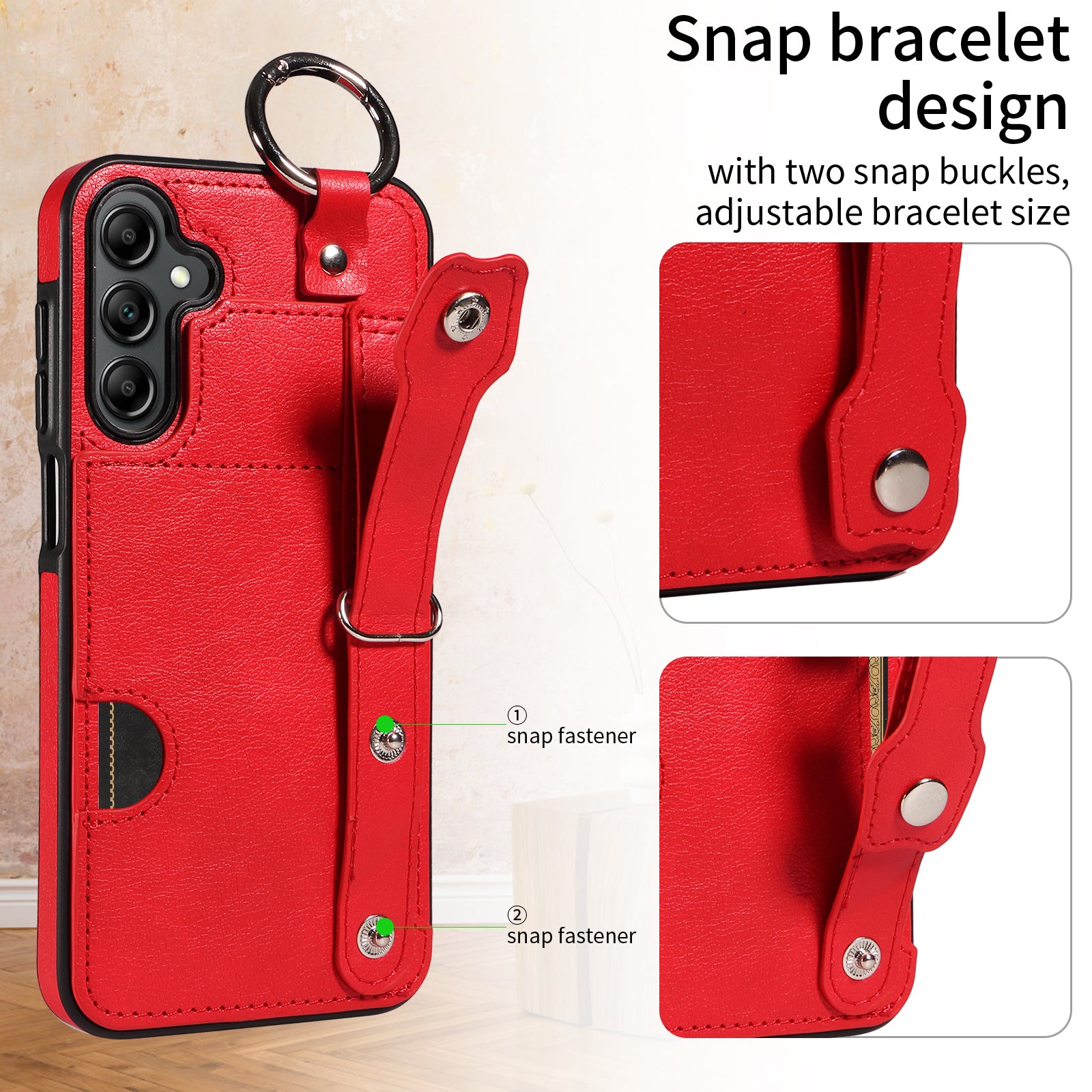 008 For Samsung Galaxy A14 5G / 4G Case Kickstand Leather TPU Phone Cover with Wrist Strap - Red